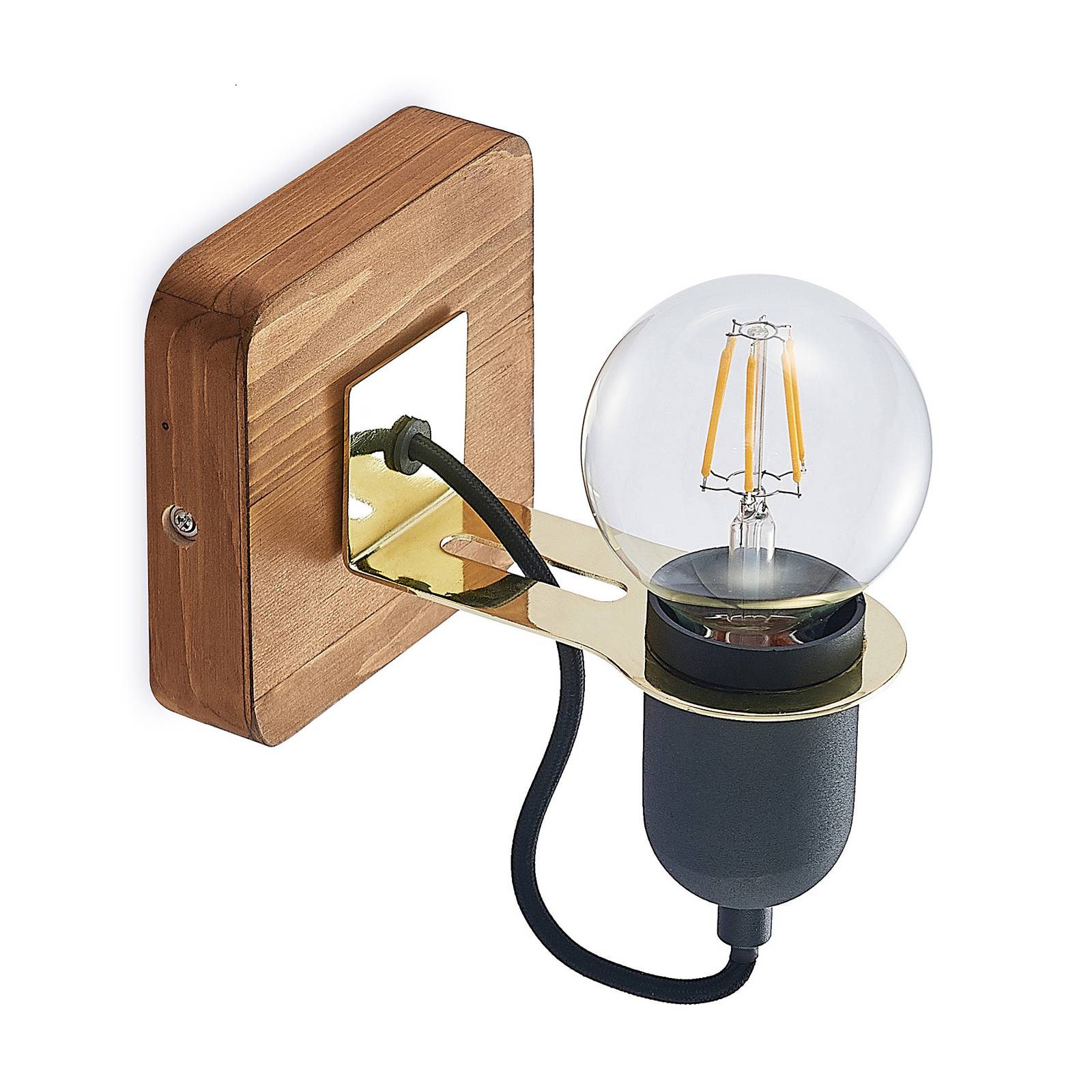 Lucande Becky wall spotlight, one-bulb, black, for Living / Dining Room, iron, pine wood, E27, 60 W, W: 12 cm, H: 16.5 cm