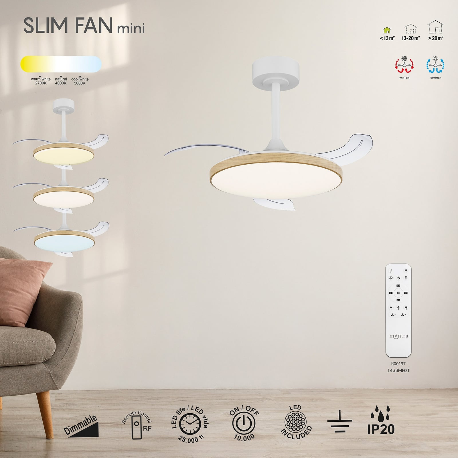 LED plafondventilator Slim Mini wit/hout DC stil - Mantra LED plafondventilator Slim Mini wit/hout DC stil - Mantra