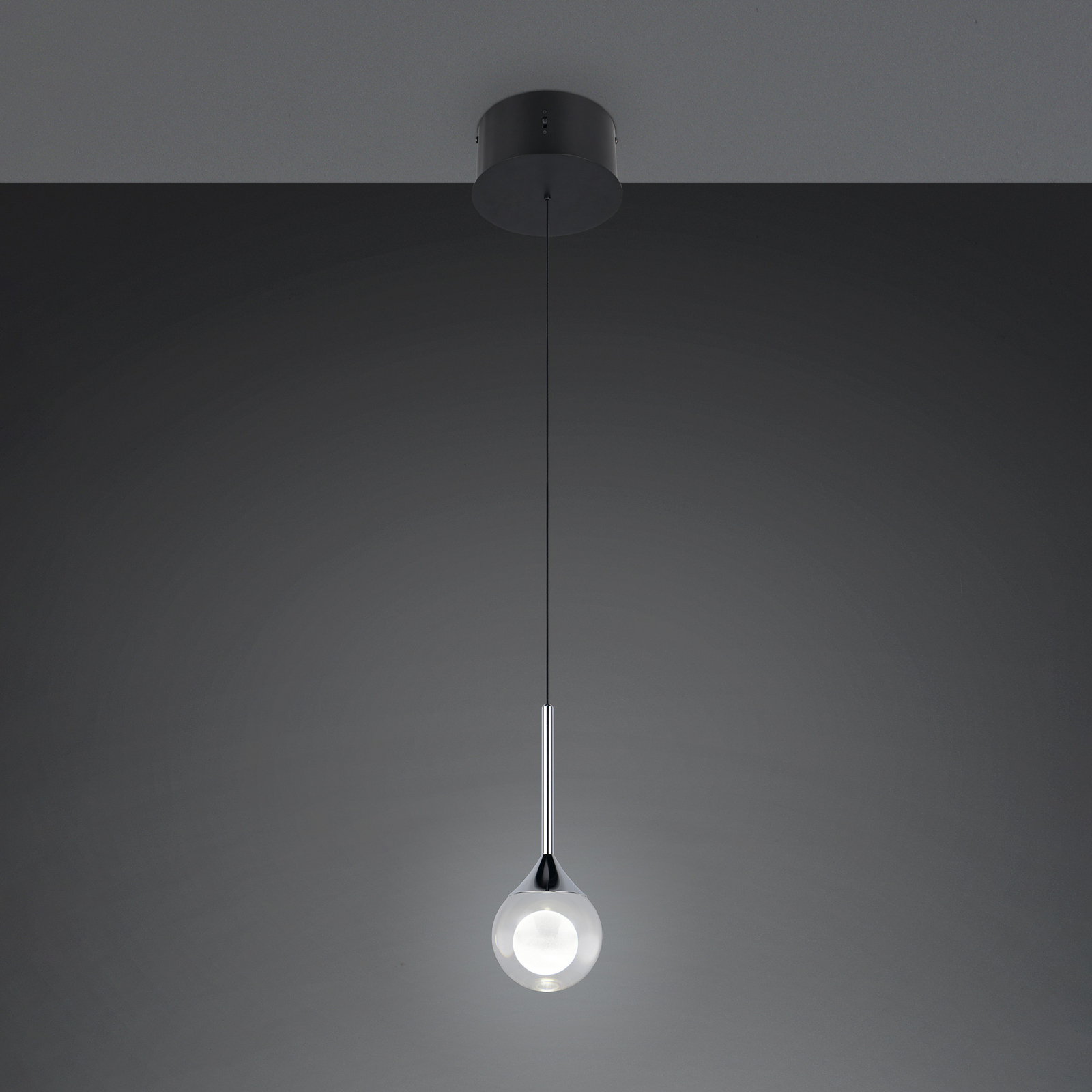 LED piekaramā lampa „Calista“, hroma krāsā, Ø 10 cm, metāls/stikls, CCT