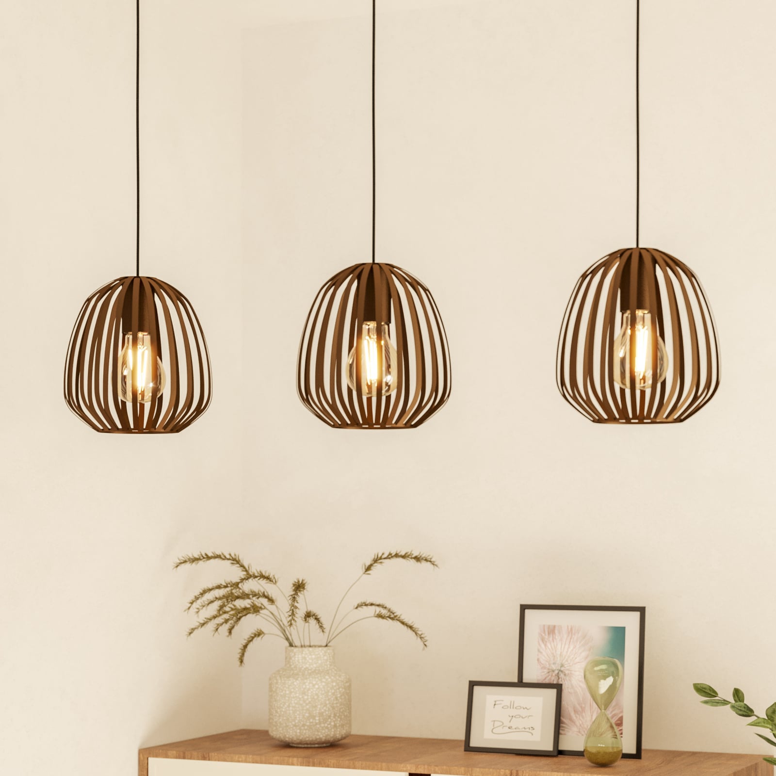 Espinal pendant light, brushed bronze, length 90 cm, 3-bulb.