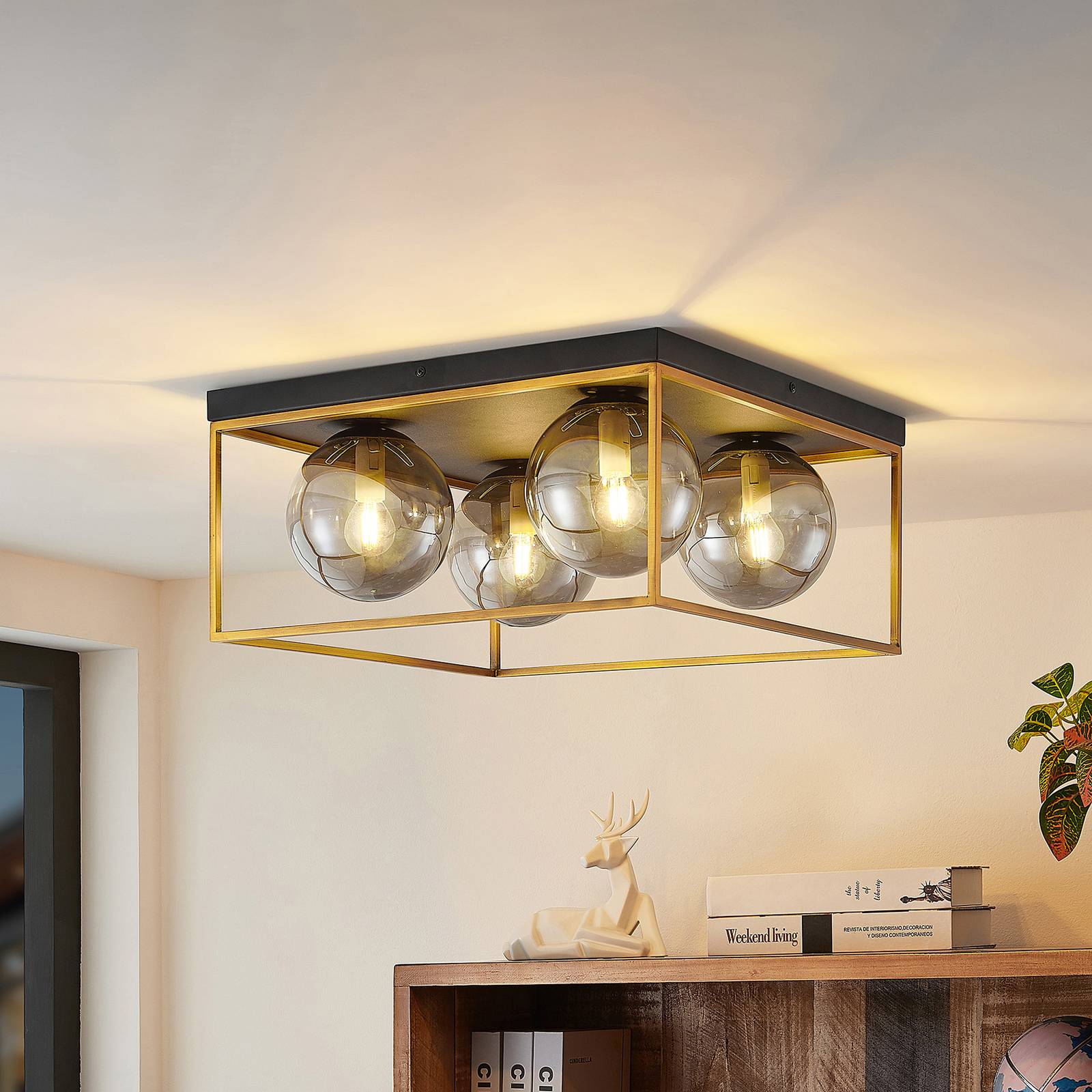 Lindby Josipa plafondlamp, kooi, rookglas, 4-lamps