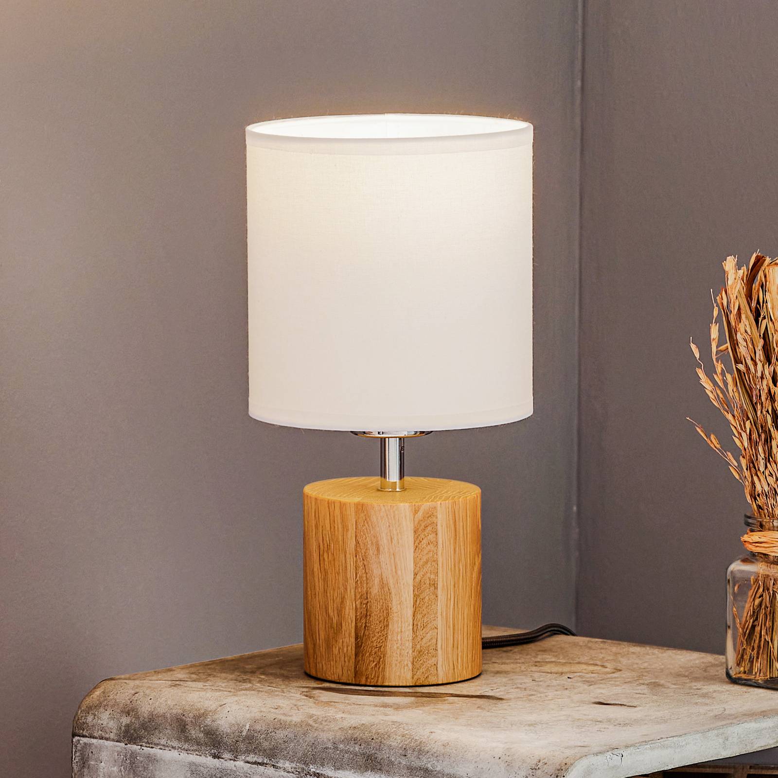spot-light lampe à poser trongo chêne huilé abat-jour blanc