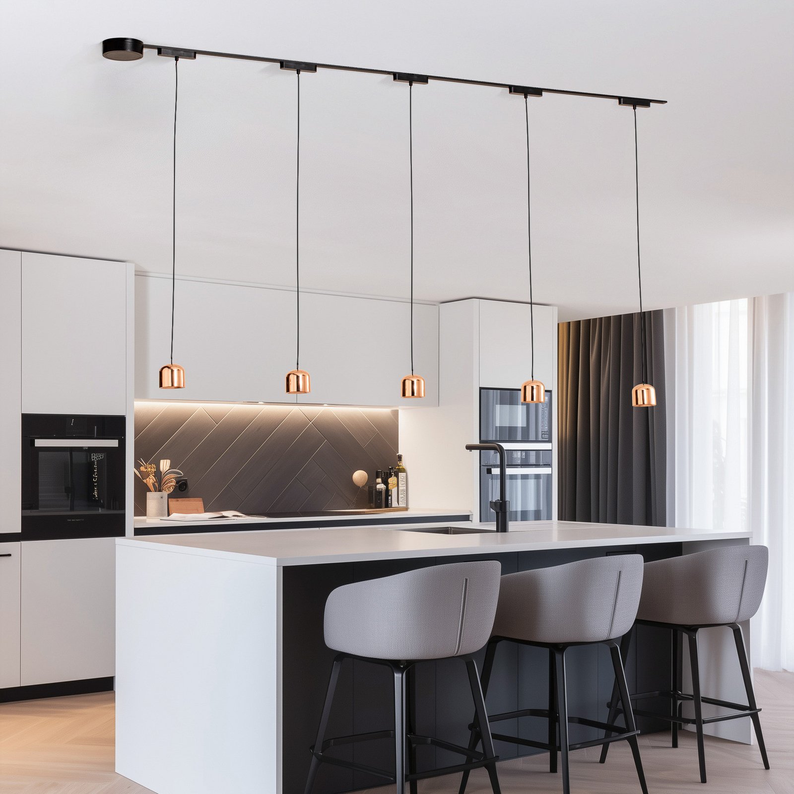 Système de lampes sur rail Lumaro, suspension, à 5 lampes, doré, 48V, intensité
