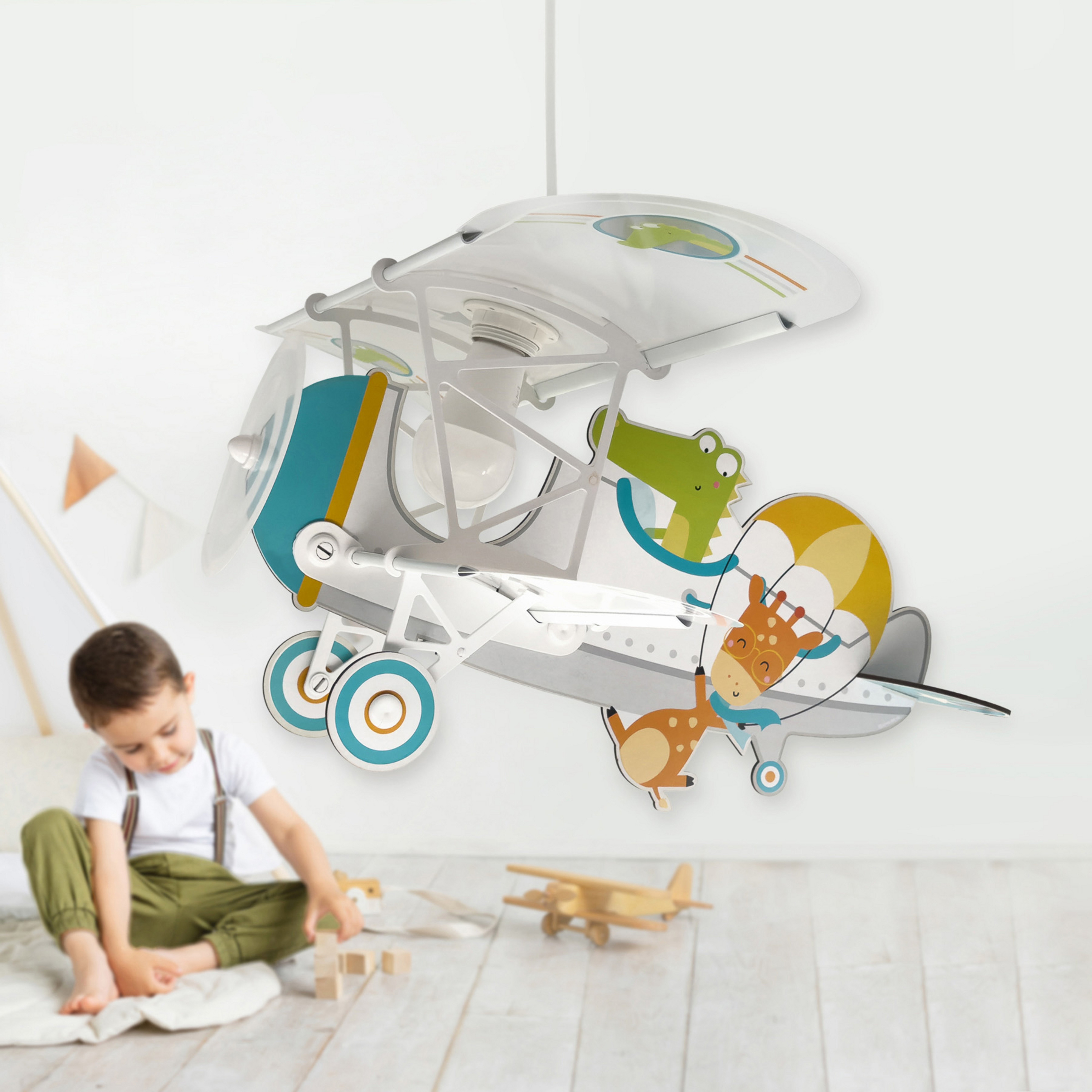 Candeeiro suspenso Dalber Crocodile Plane, colorido, madeira/plástico