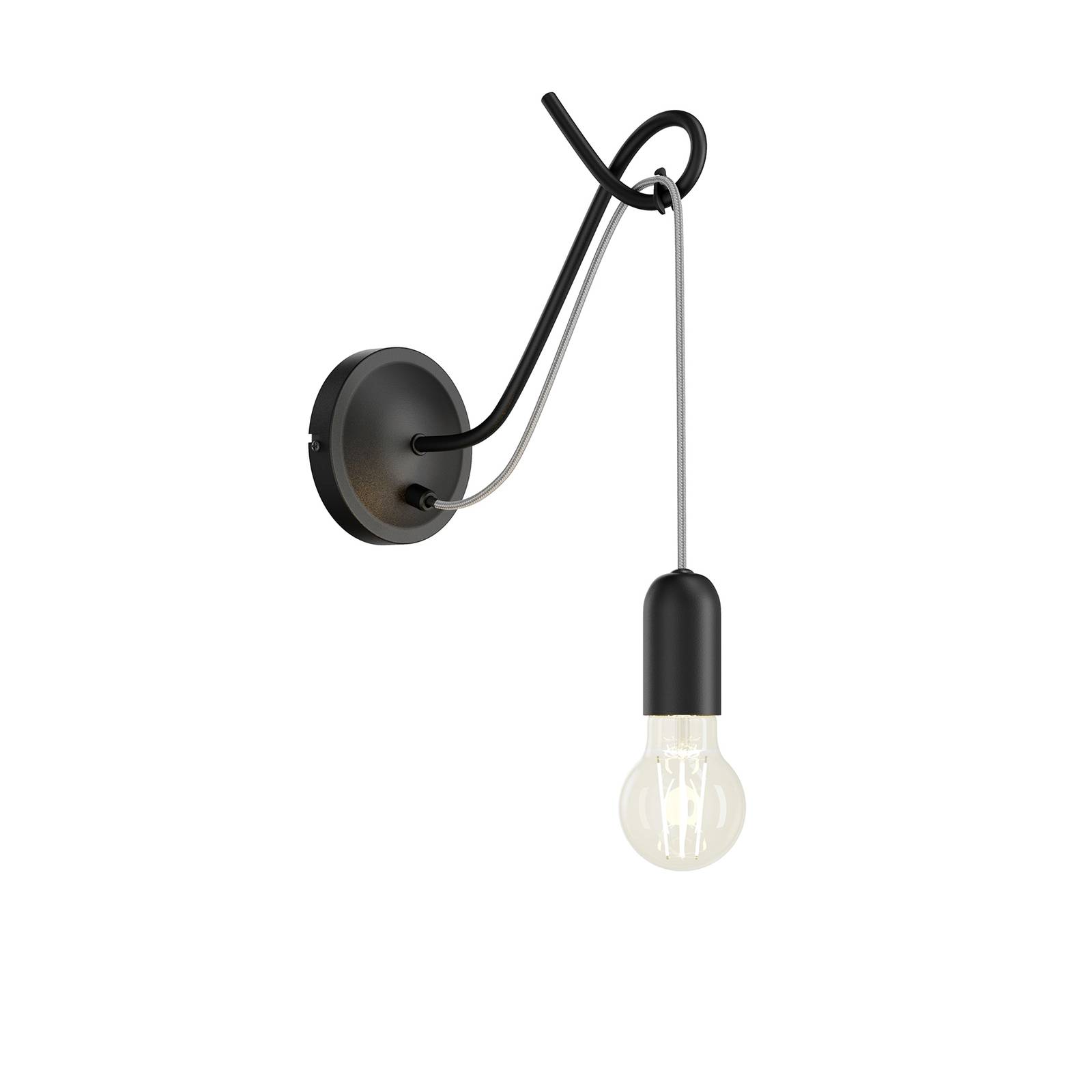 Lucande Jorna wall lamp in black, grey cable, for Living / Dining Room, iron, E27, 60 W, W: 12 cm, H: 25.2 cm