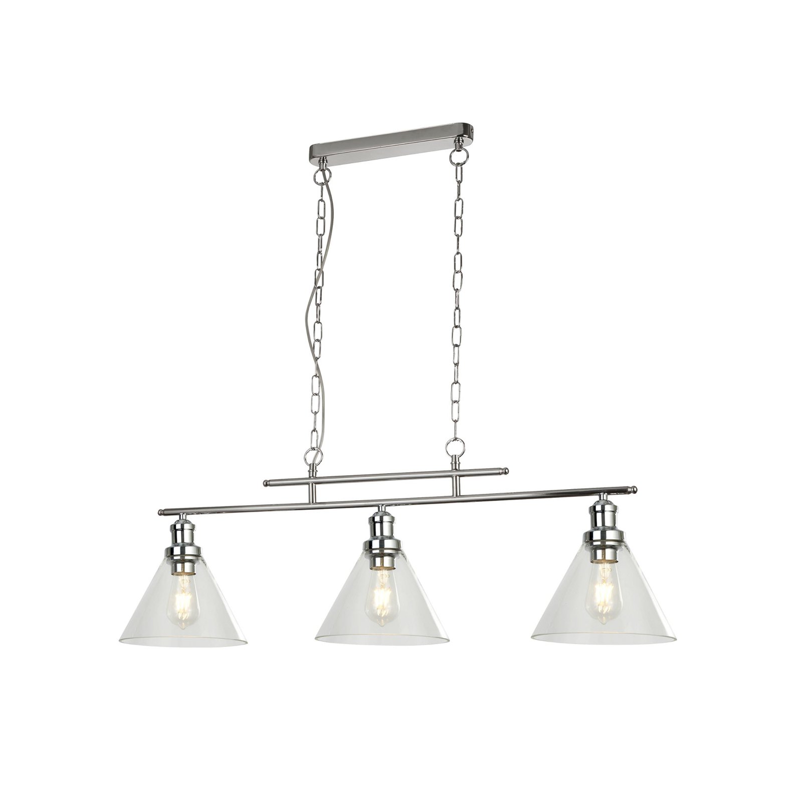 Pyramid pendant light, chrome, glass, 3-bulb, 95 cm, E27