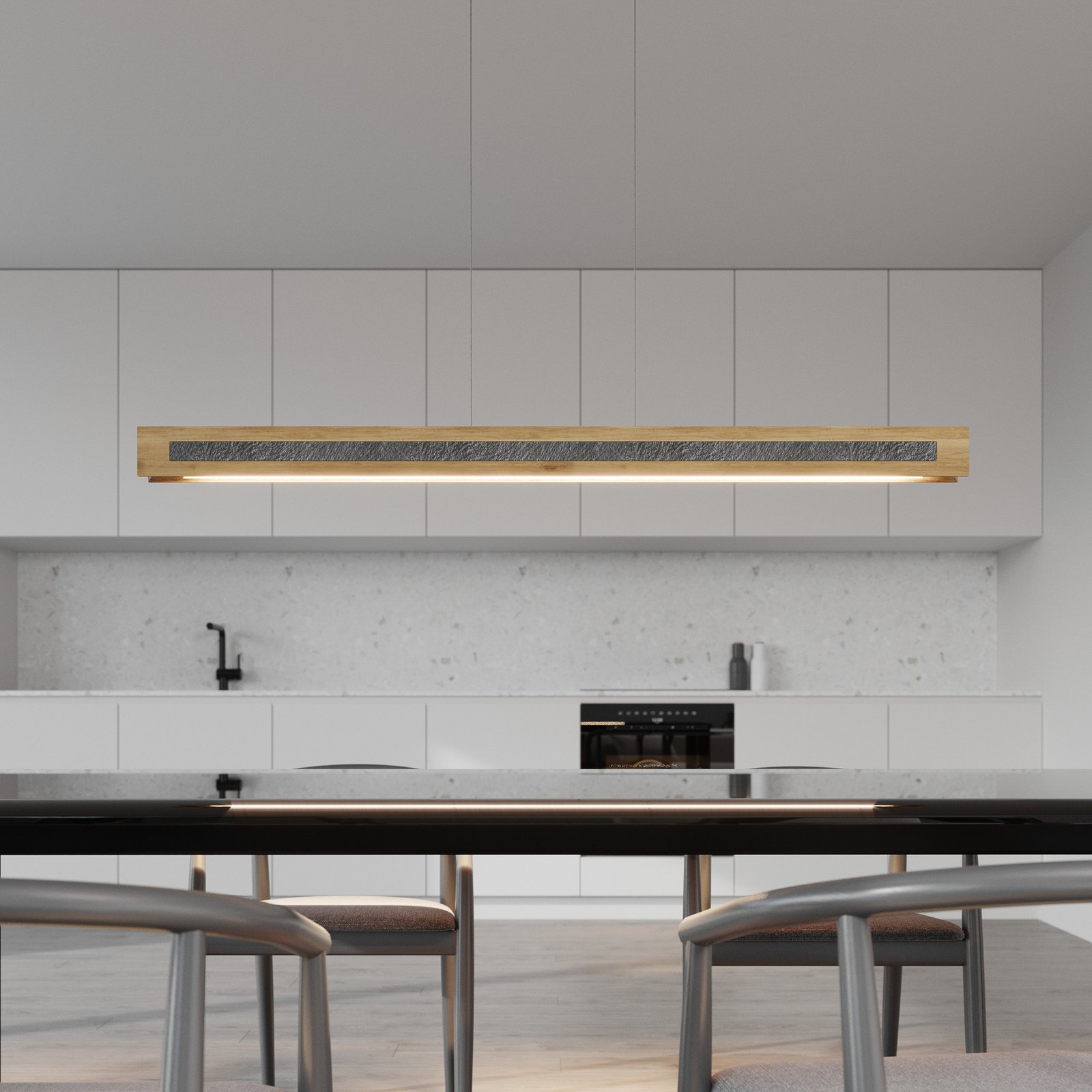 Candeeiro suspenso LED Chile S, carvalho/granito, comprimento 116 cm