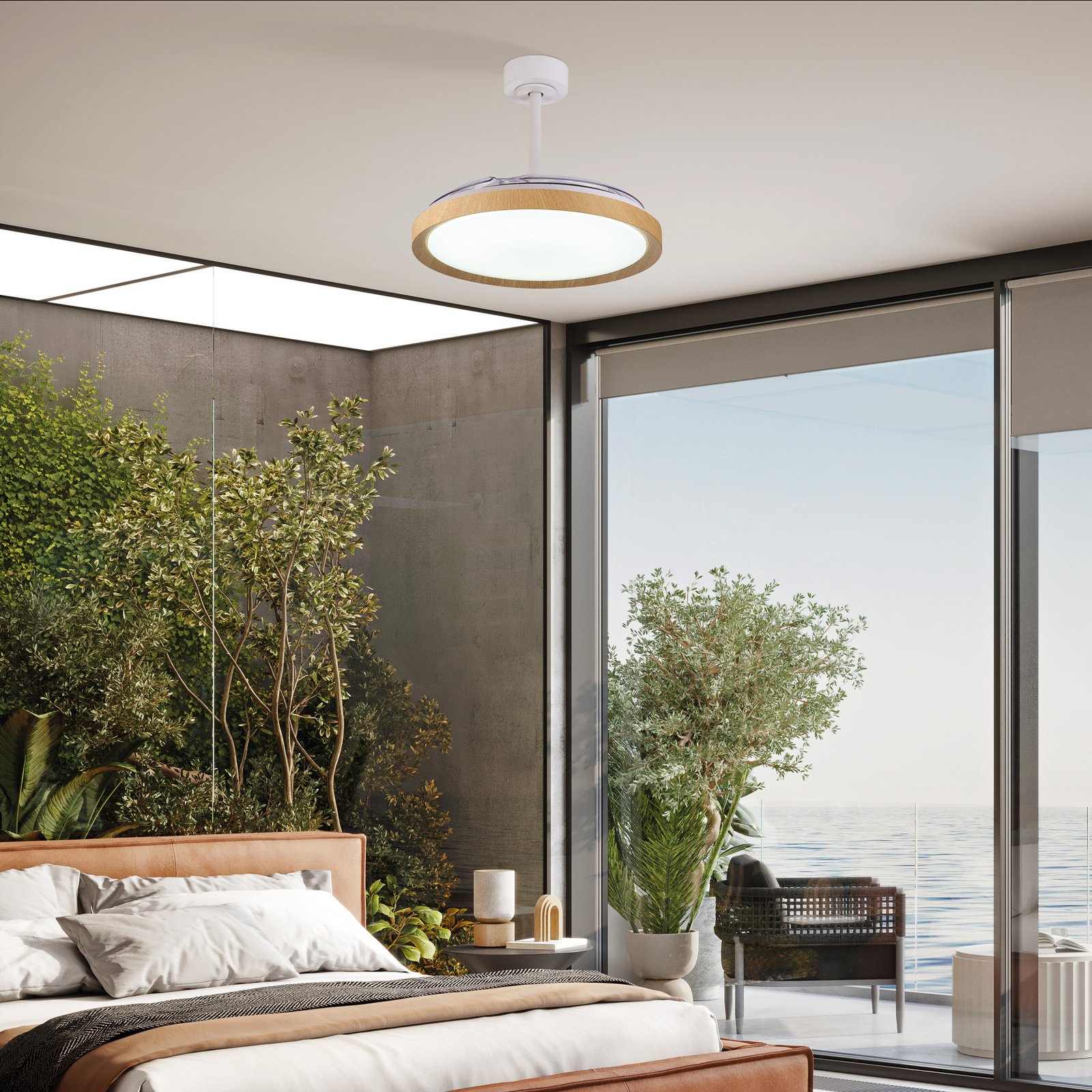 Ventilador de teto LED Mistral decoração madeira DC silencioso Ø 106 cm CCT