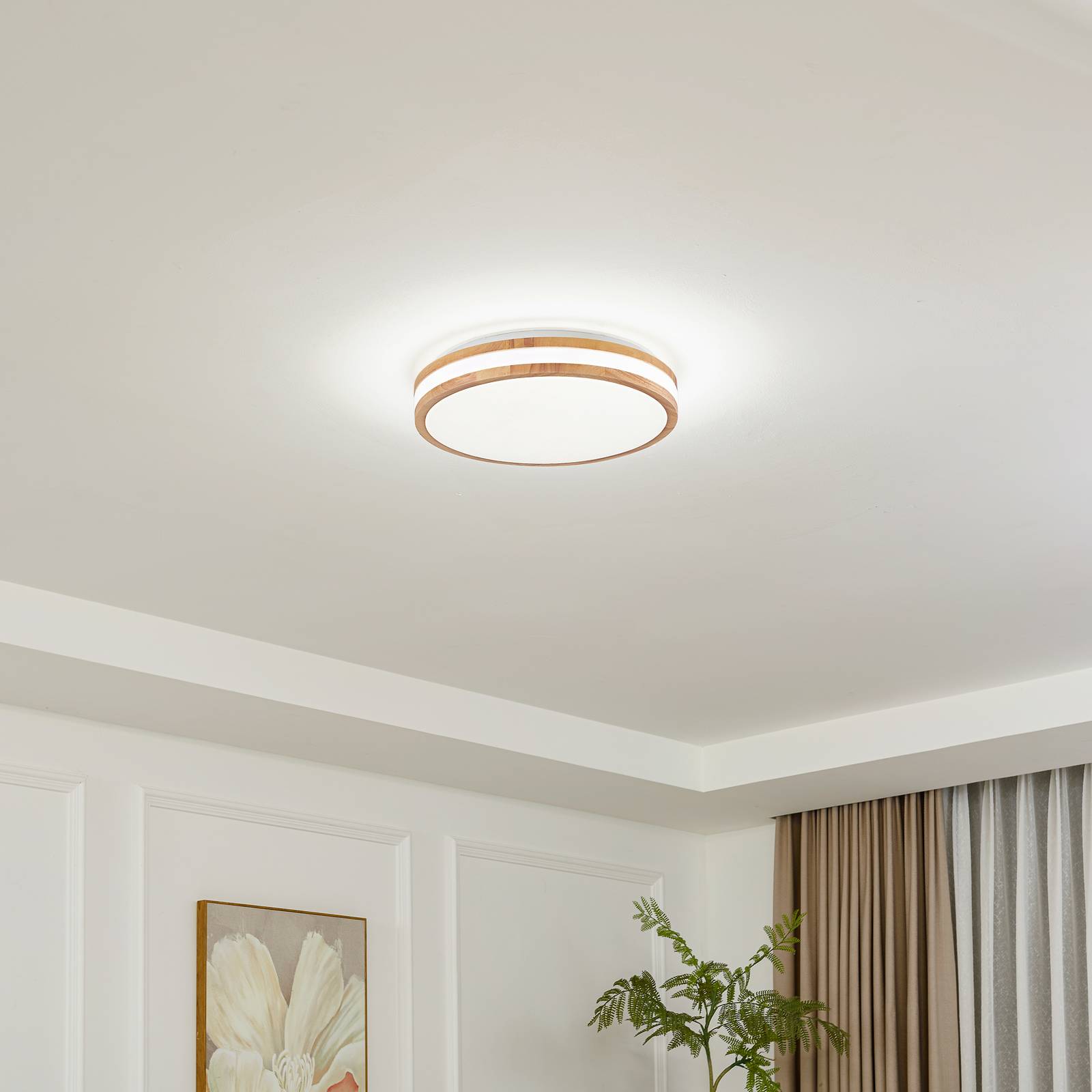Lindby LED-Deckenlampe Emiva, Ø 39,5 cm, CCT, Holz günstig online kaufen