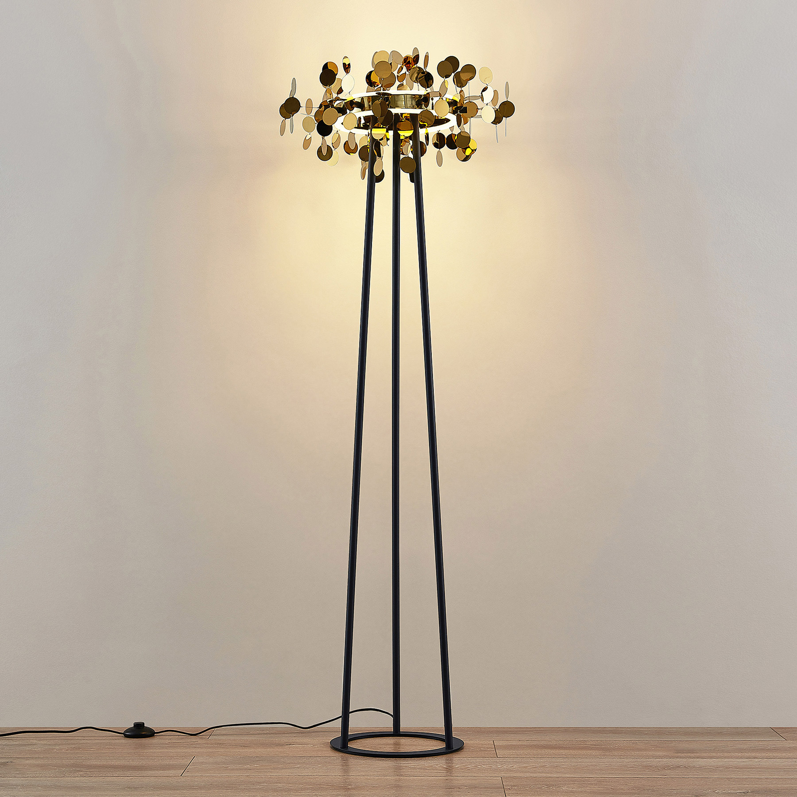 Lucande Glimmo LED floor lamp, black, brass