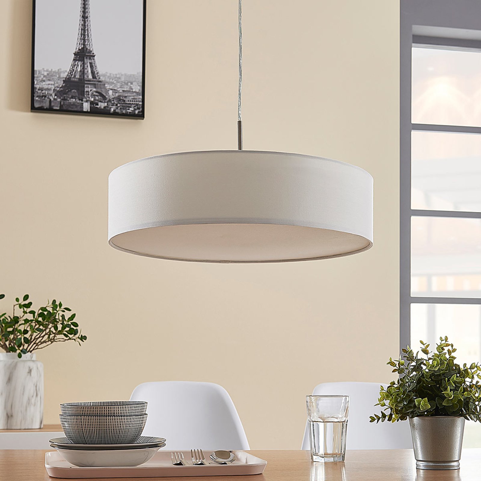 Lindby Hängeleuchte Sebatin, Ø 50 cm, beige, Stoff, E27
