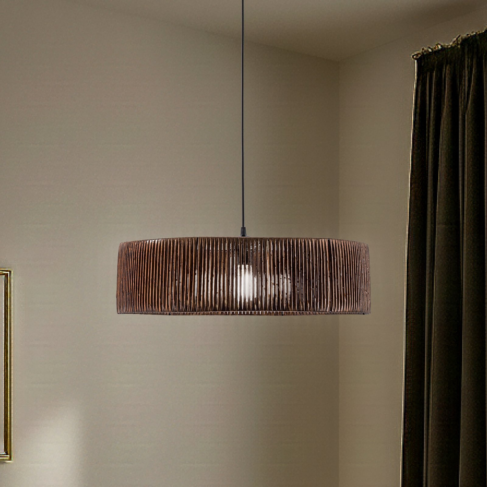 Lampă suspendată Roya Cylinder, Ø 55 cm, maro închis, hârtie