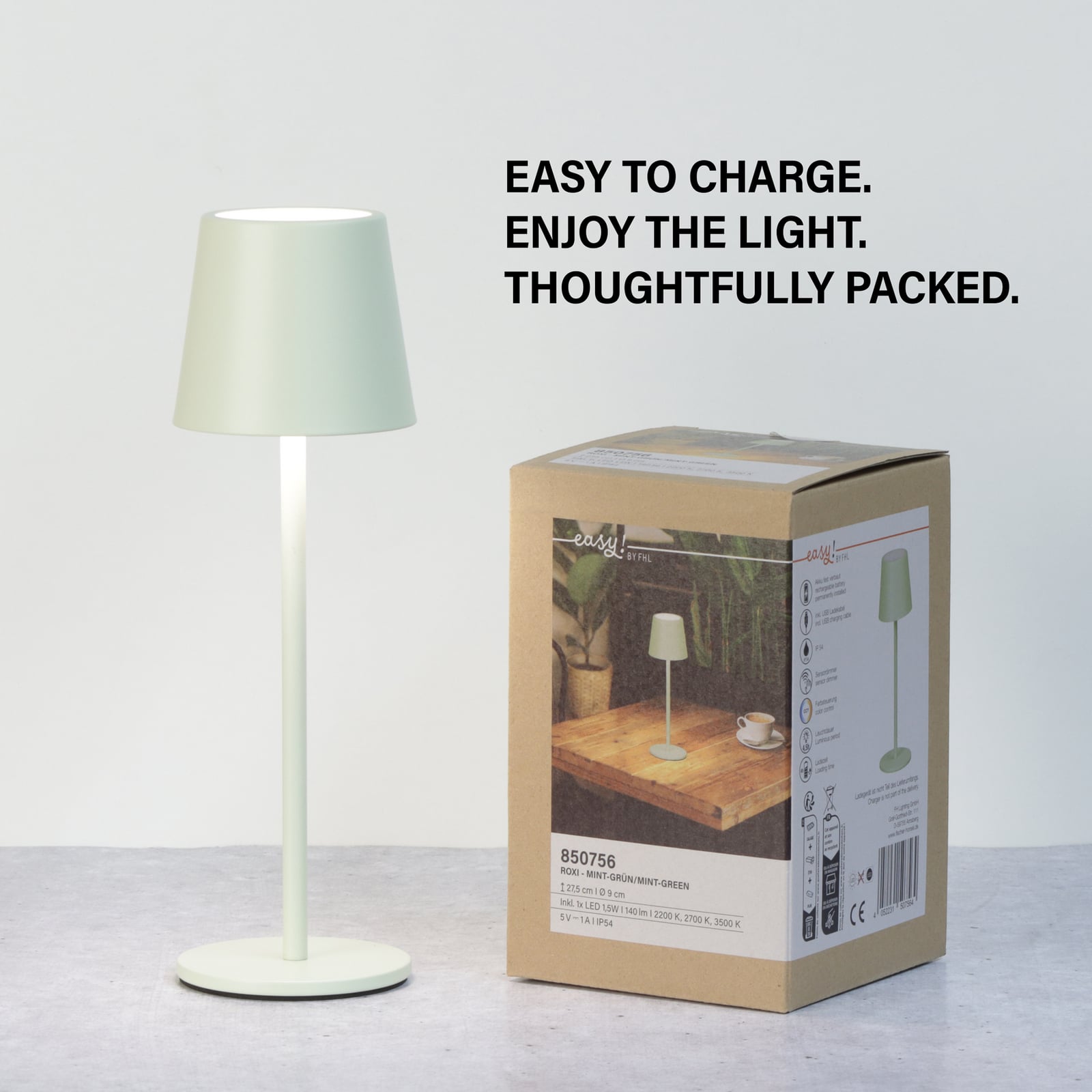 Lampa de masă cu LED și baterie Roxi, verde mentă, metal, IP54, dimabil Lampa de masă cu LED și baterie Roxi, verde mentă, metal, IP54, dimabil