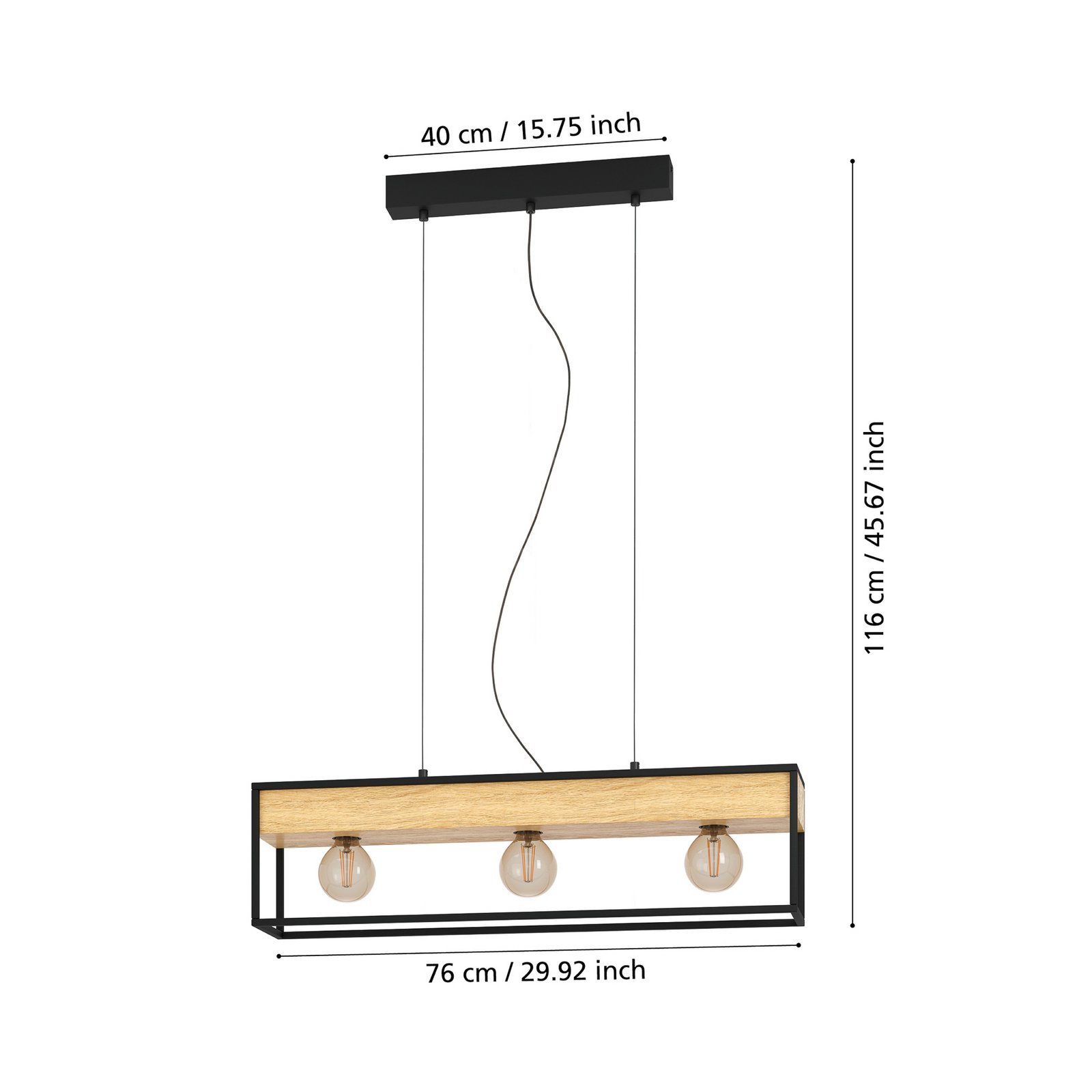 Hanglamp Libertad 1, lengte 76 cm, zwart/hout, 3-lamps.