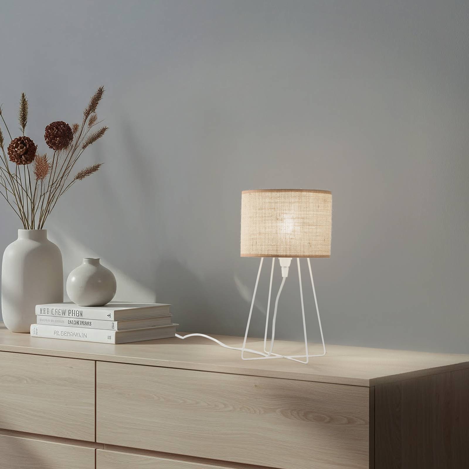 Tischleuchte Trixi mit Drahtgestell weiß/braun, Stoff, E14 günstig online kaufen