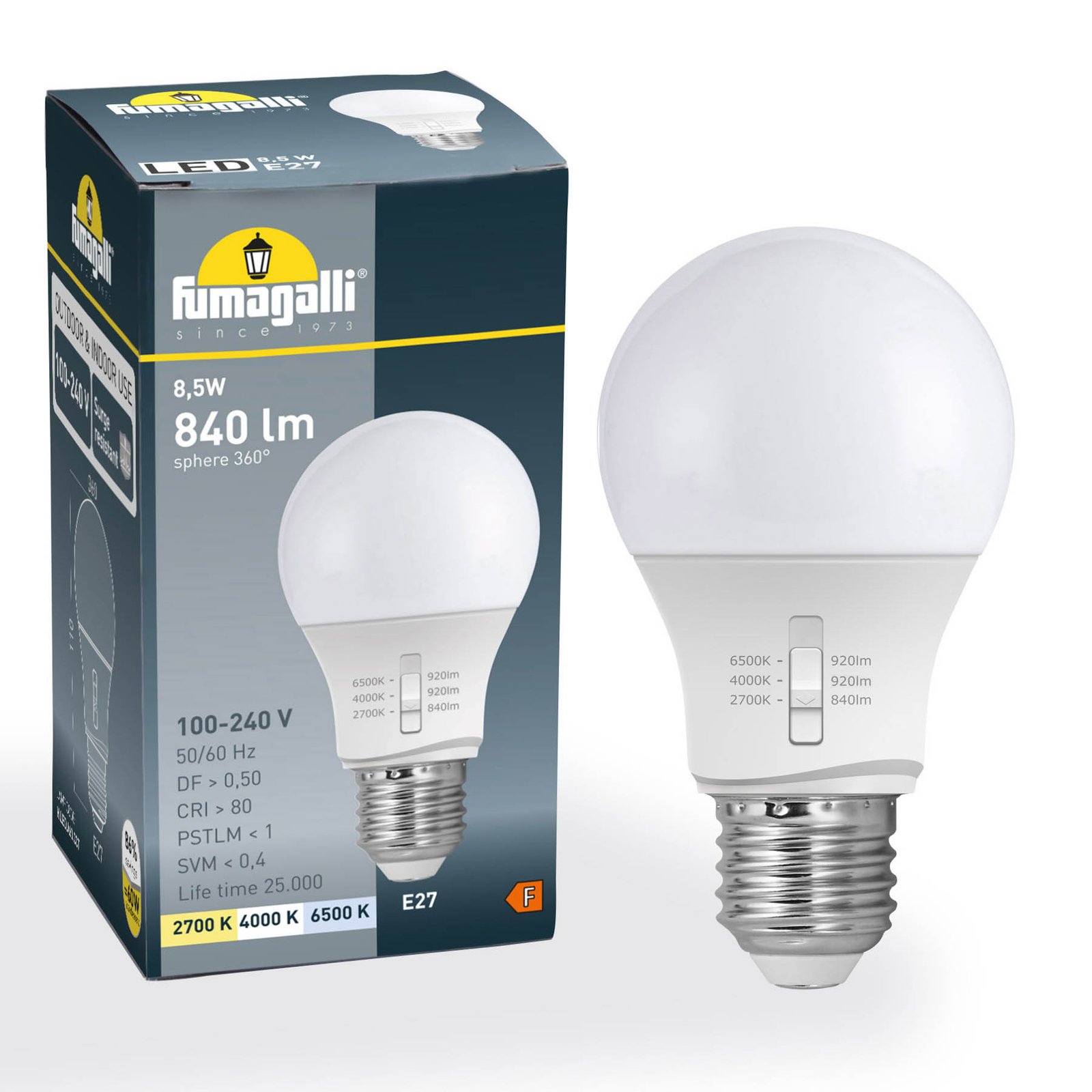 E27 8,5W lampadina LED A60 CCT 2.700/4.000/6.500K