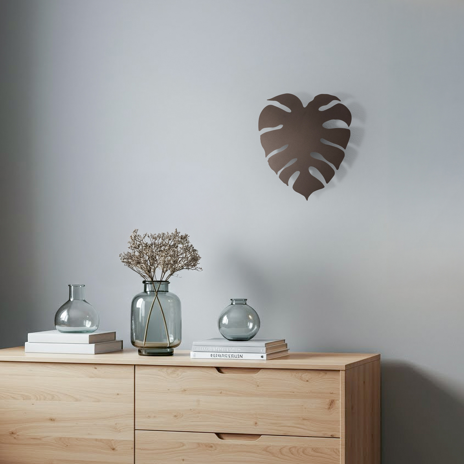 Monstera wall light, leaf shape, 3 x G9, steel, brown