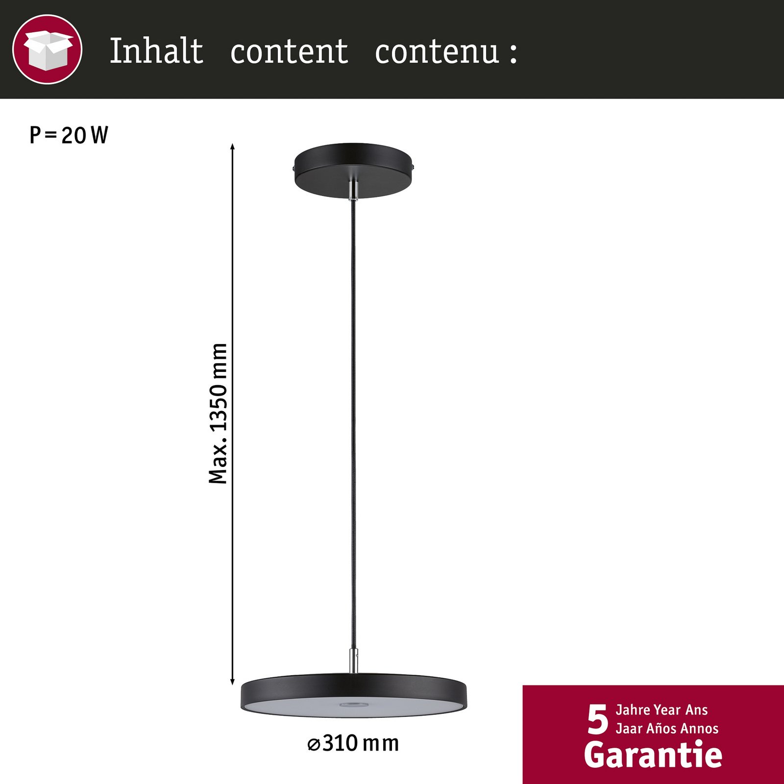 Hildor LED-pendellampe 3-trins dæmpbar. Mat sort - Paulmann