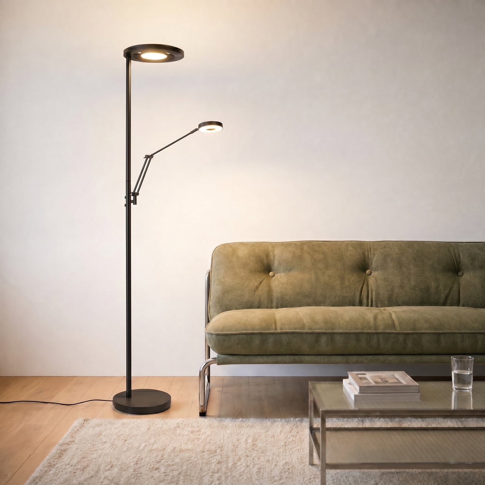 Candeeiro de pé LED Barrie com luz de leitura preta mate