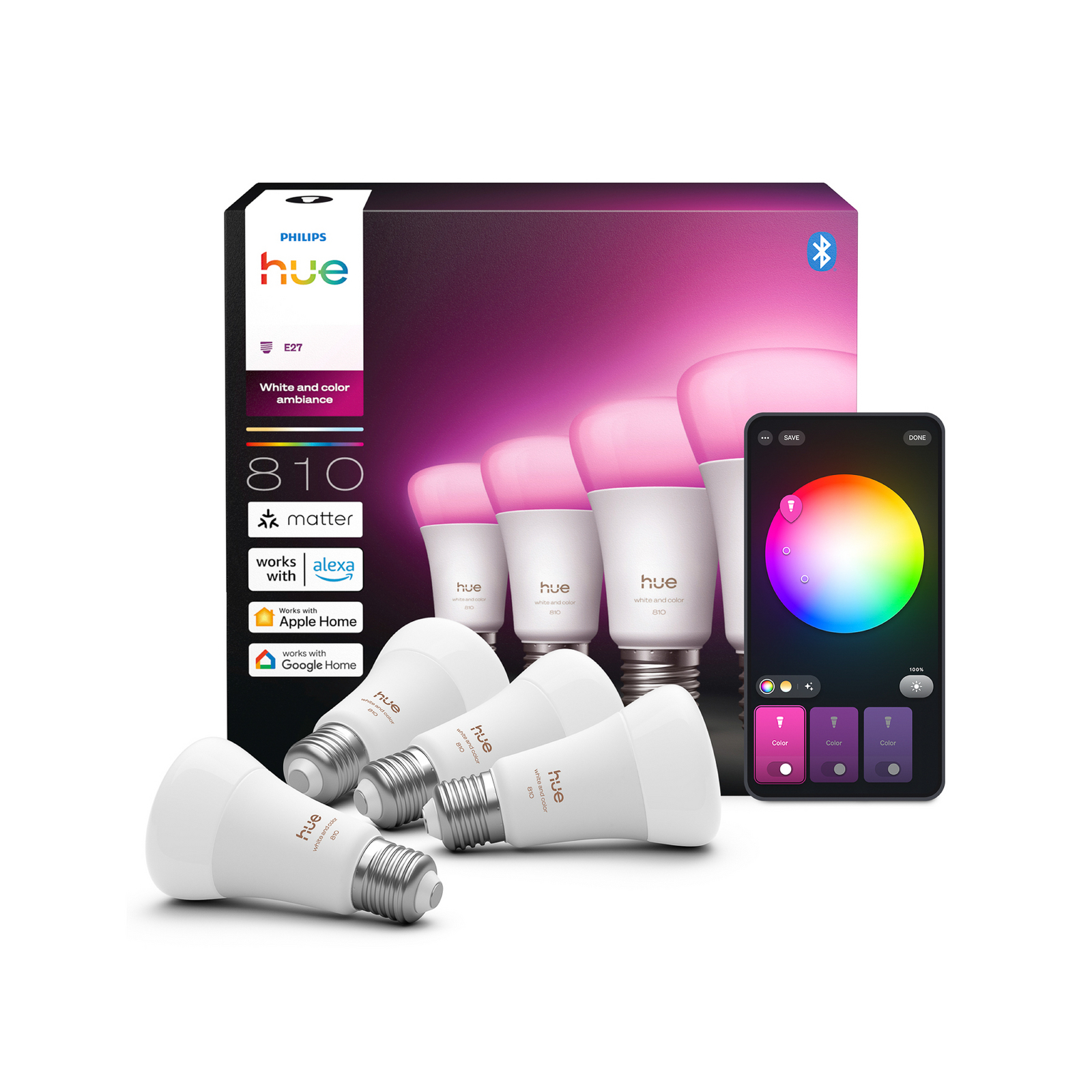 Philips Hue WACA Smart E27 LED, 6 W, 810 lm, CCT RGB 4-pack