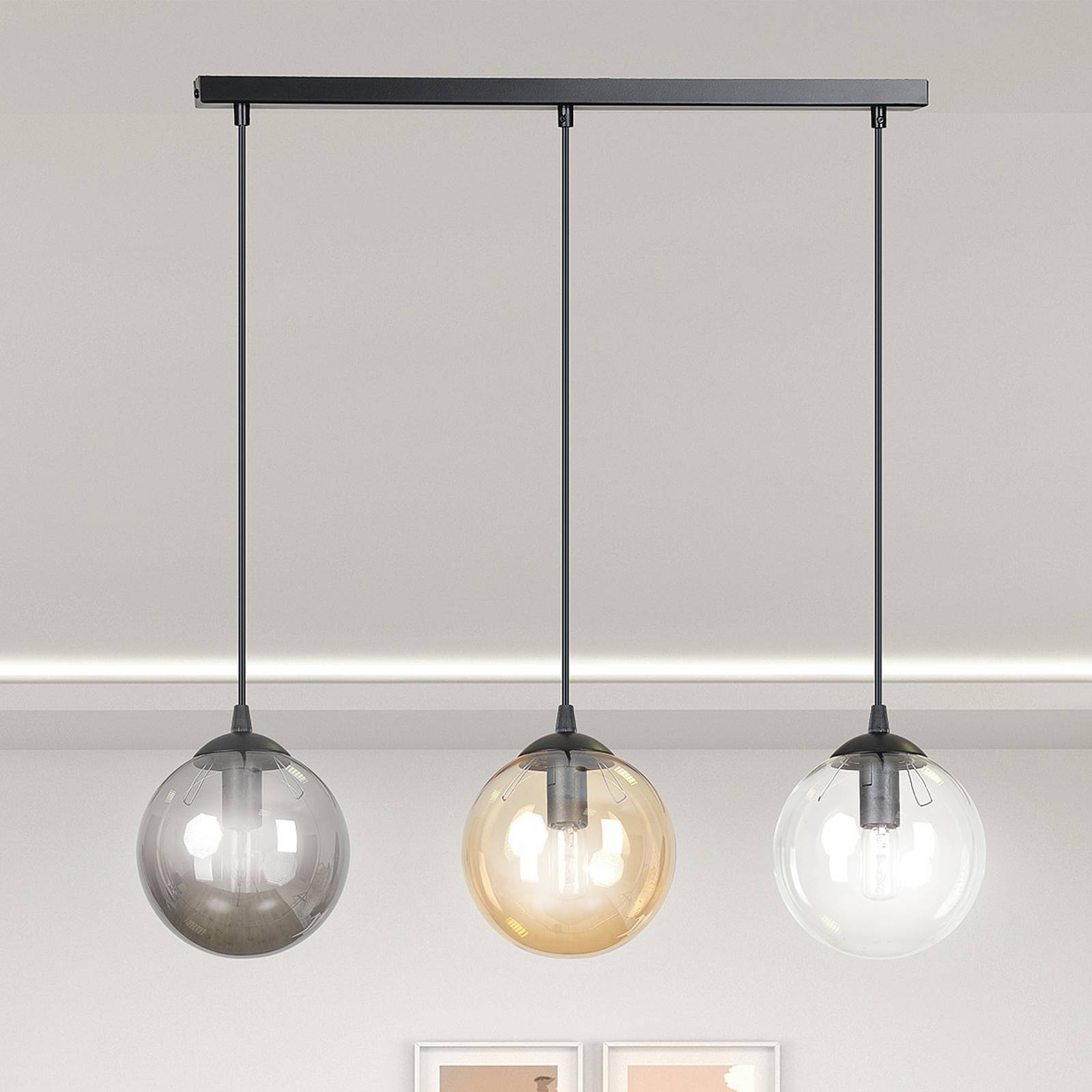 Hanglamp Glassy 3-lamps recht grafiet/amber/helder