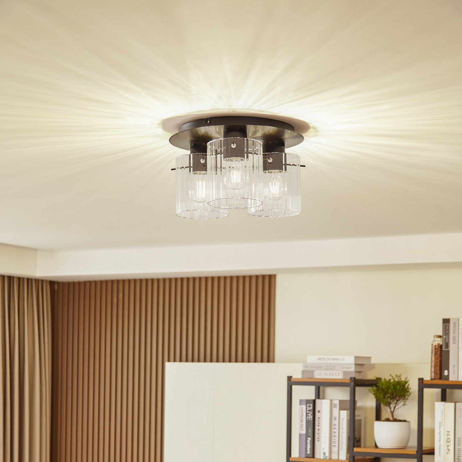 Lucande ceiling light Eirian, 3-bulb, black, glass, E27