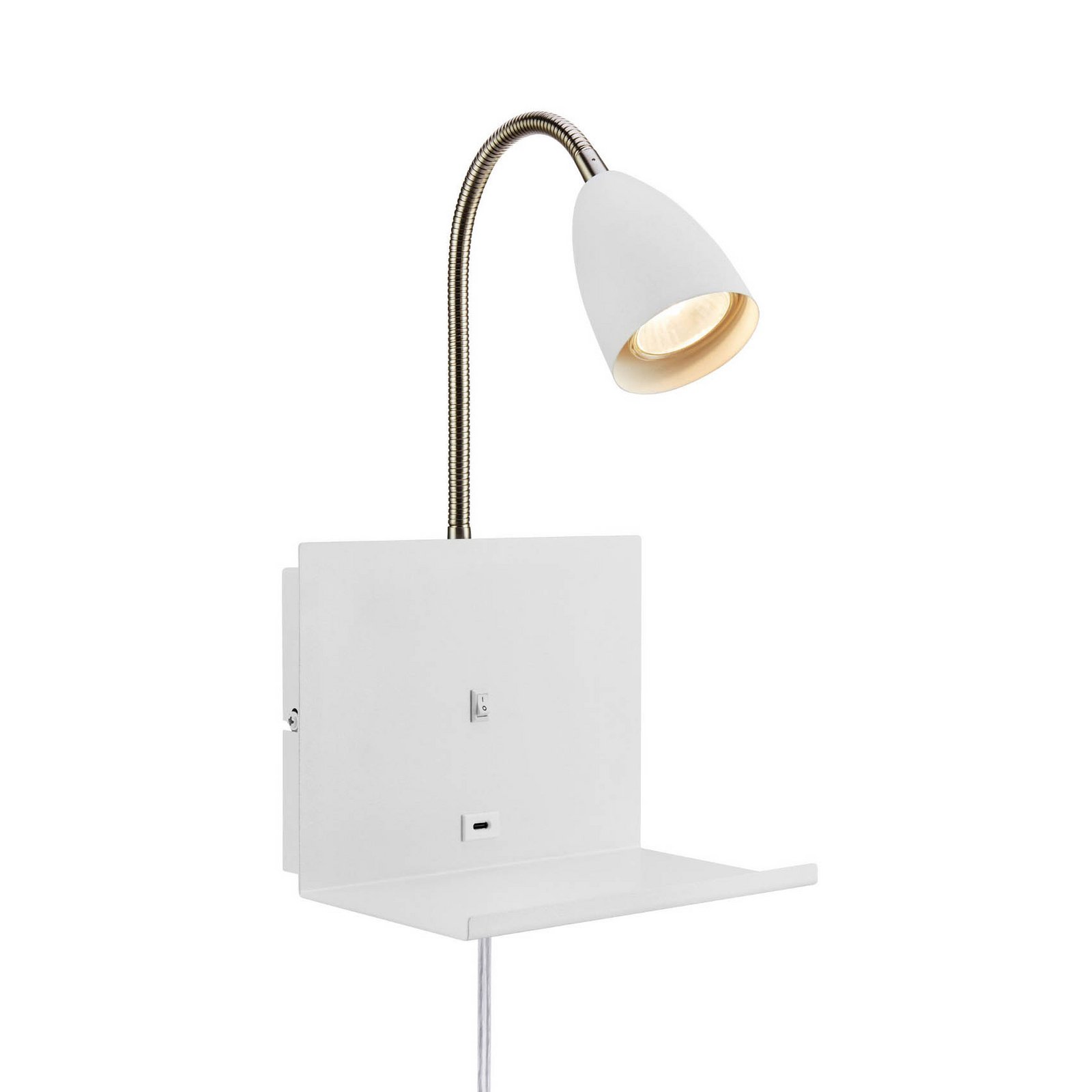 Candeeiro de parede Cuarto, branco 30 cm ficha de ferro porta USB prateleira