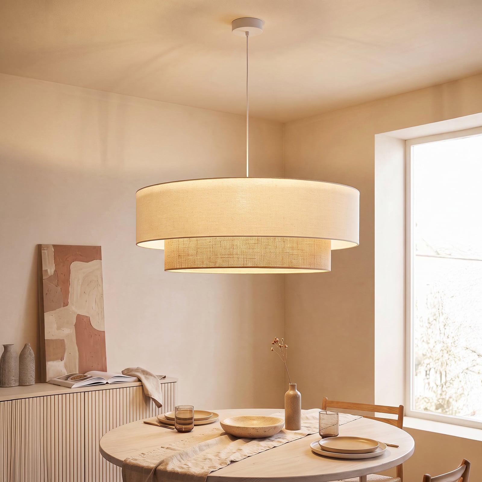 Lampada a sospensione Boho, beige/iuta, Ø 80 cm, tessuto, E27 - Duolla