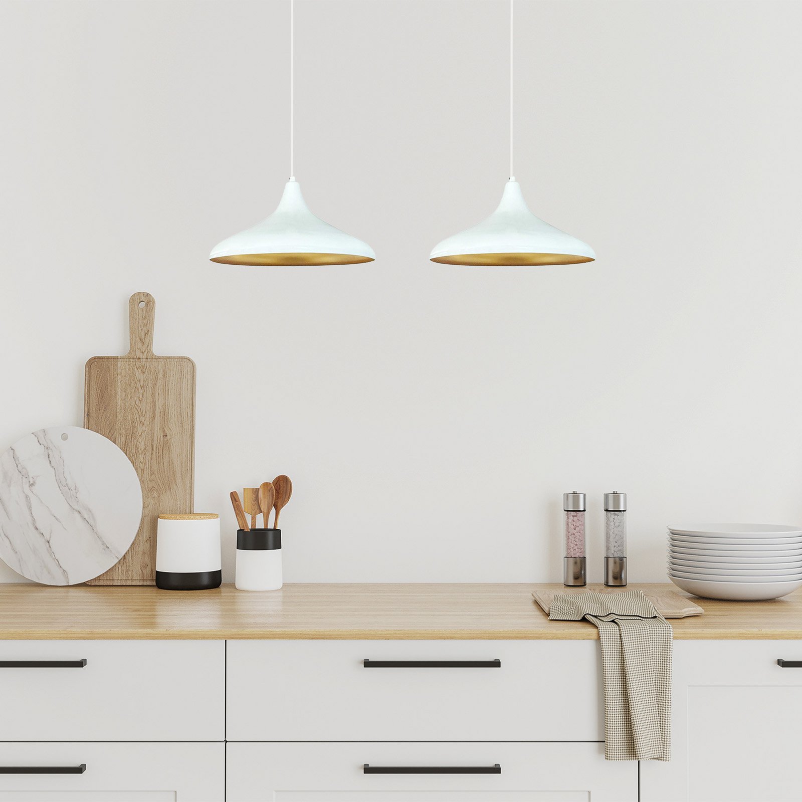 Claus pendant light, white, length 85 cm, 2-bulb, metal