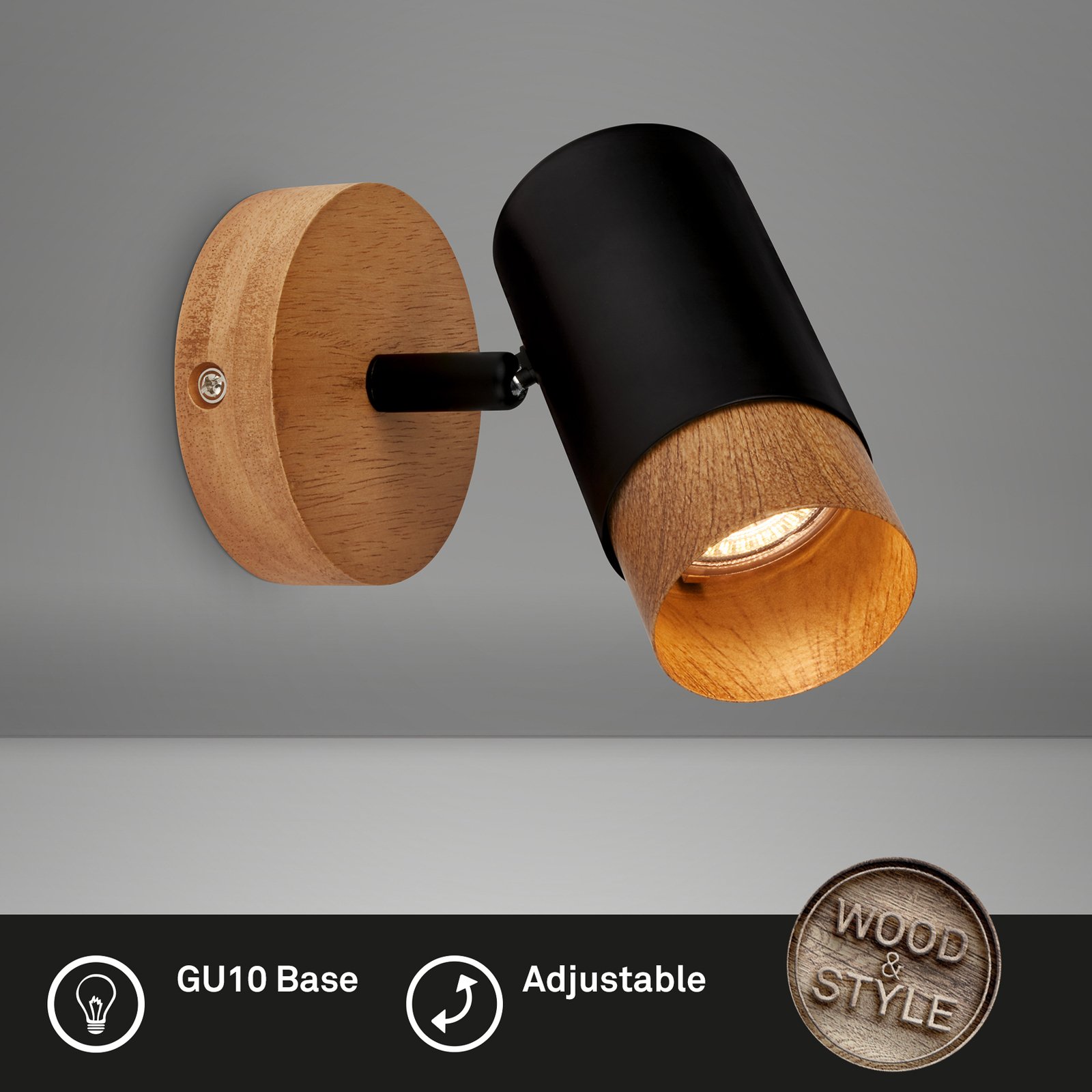 Plek wall spotlight GU10 black/wood 1-bulb