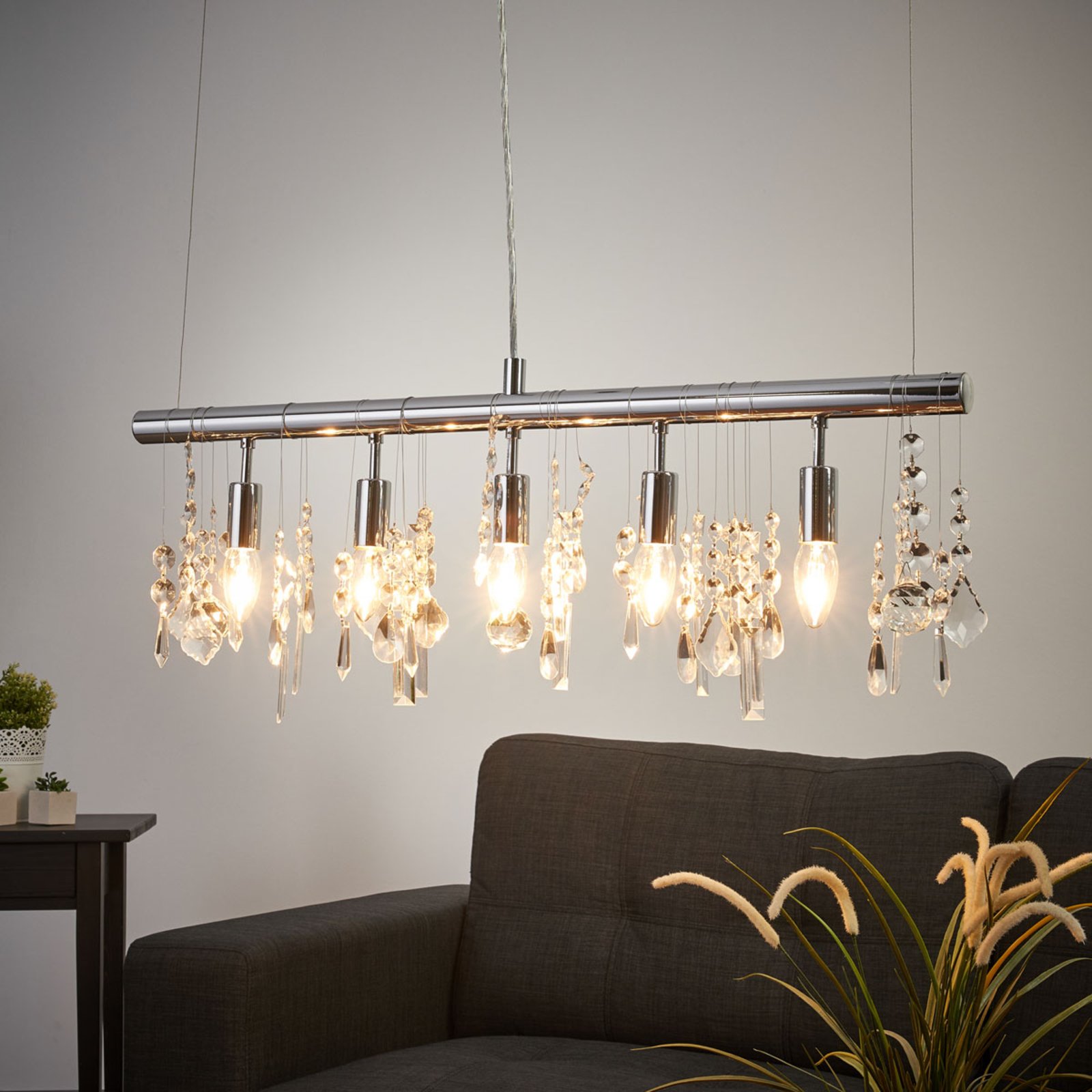 Wofi Sparkling Crystal hanging light with 5 bulbs, for Living / Dining Room, Metal, glass, E14, 40 W, energy efficiency: A++, L: 80 cm