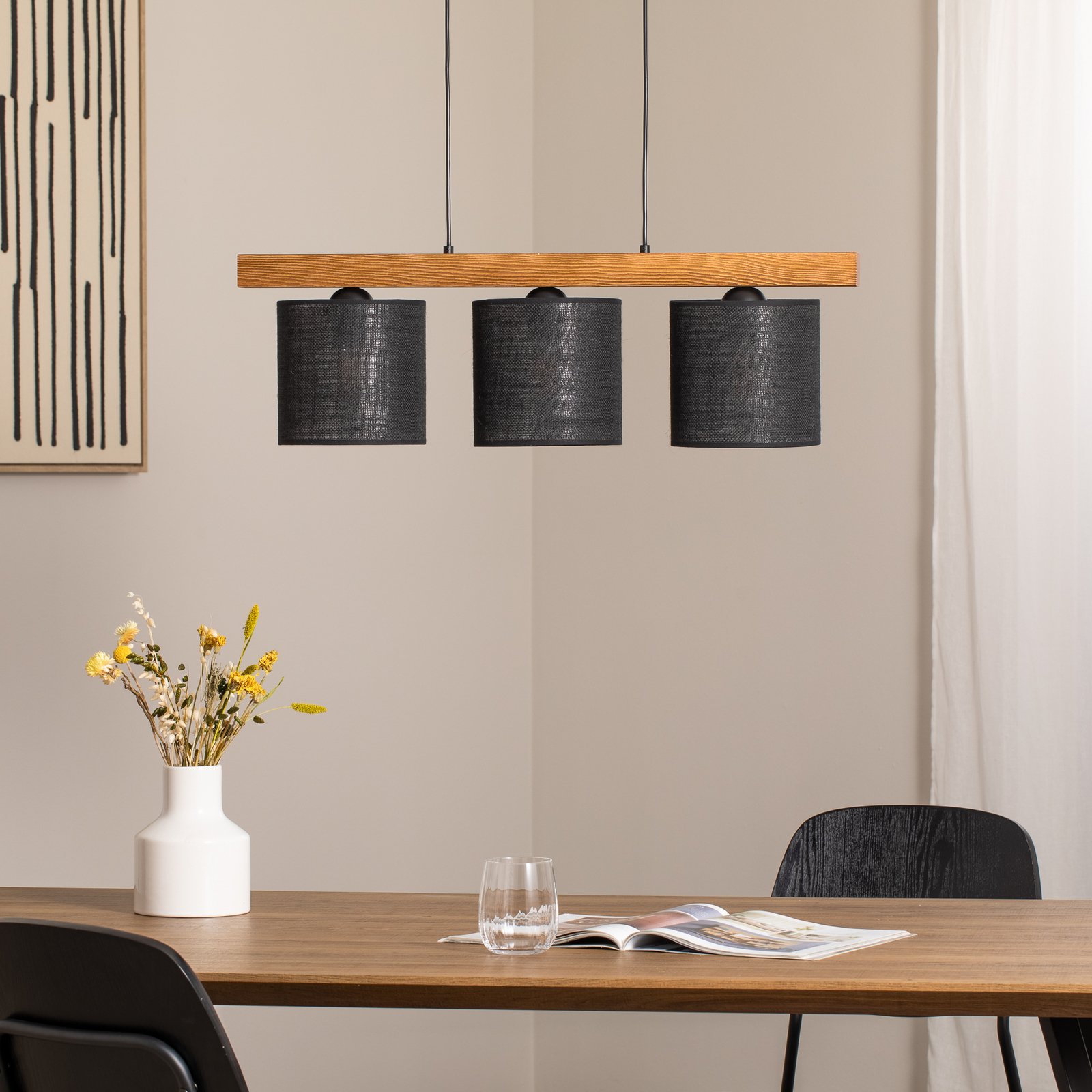 Forest hanging light, light wood/black, black jute, 3-bulb