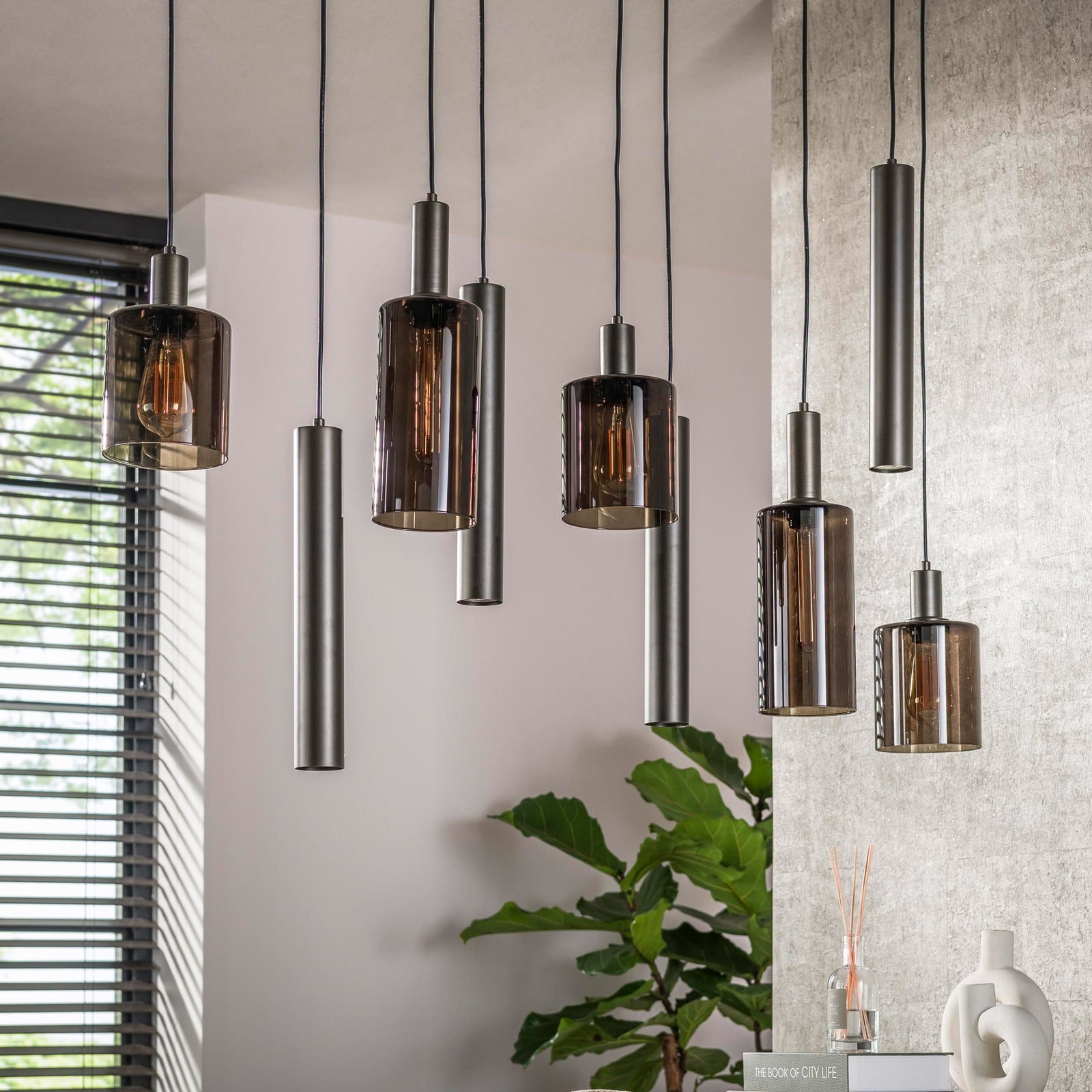 Pendelleuchte Sepiora, braun, Glas, 9-flammig, E27/GU10