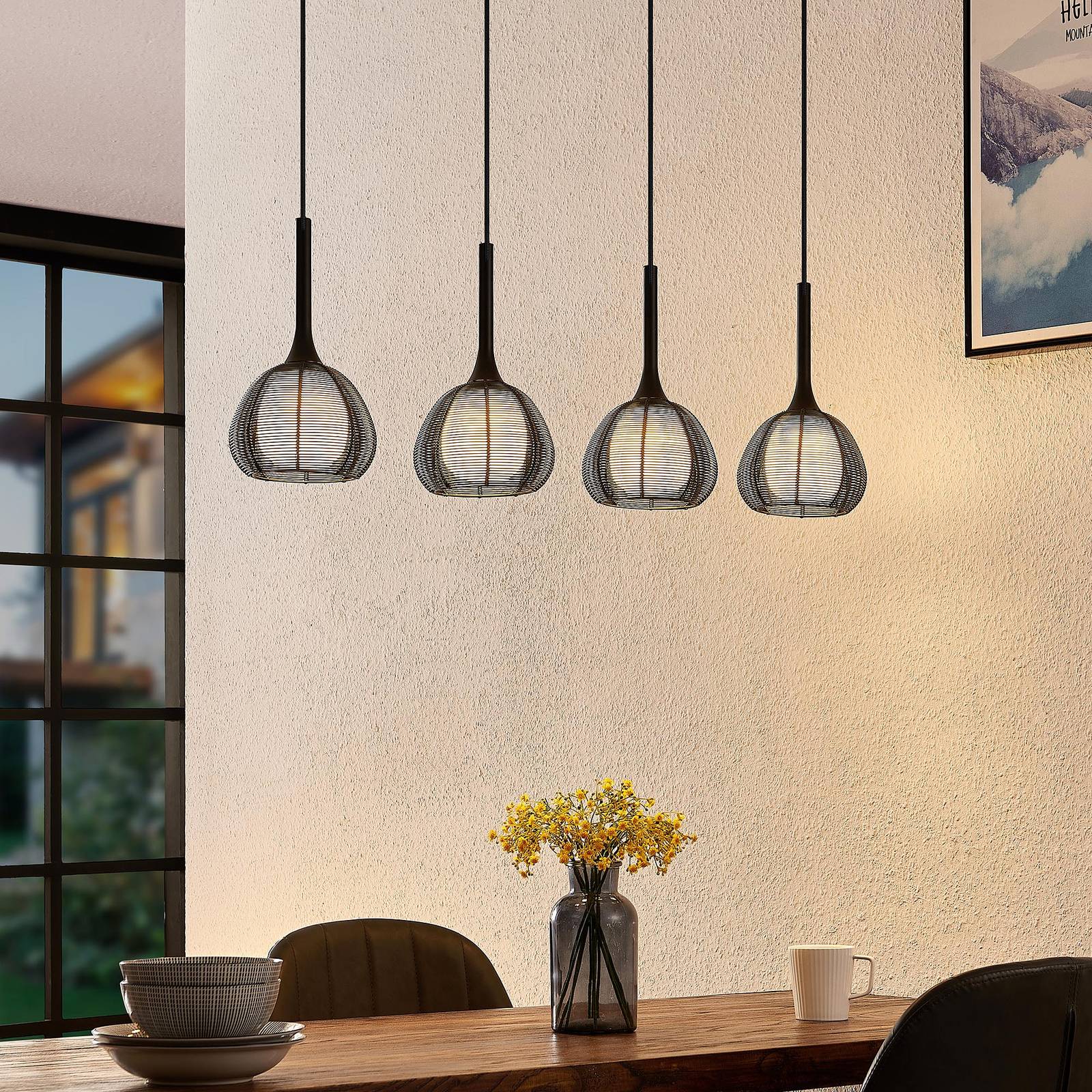 Lucande Tetira hanglamp, 4-lamps, lang, zwart