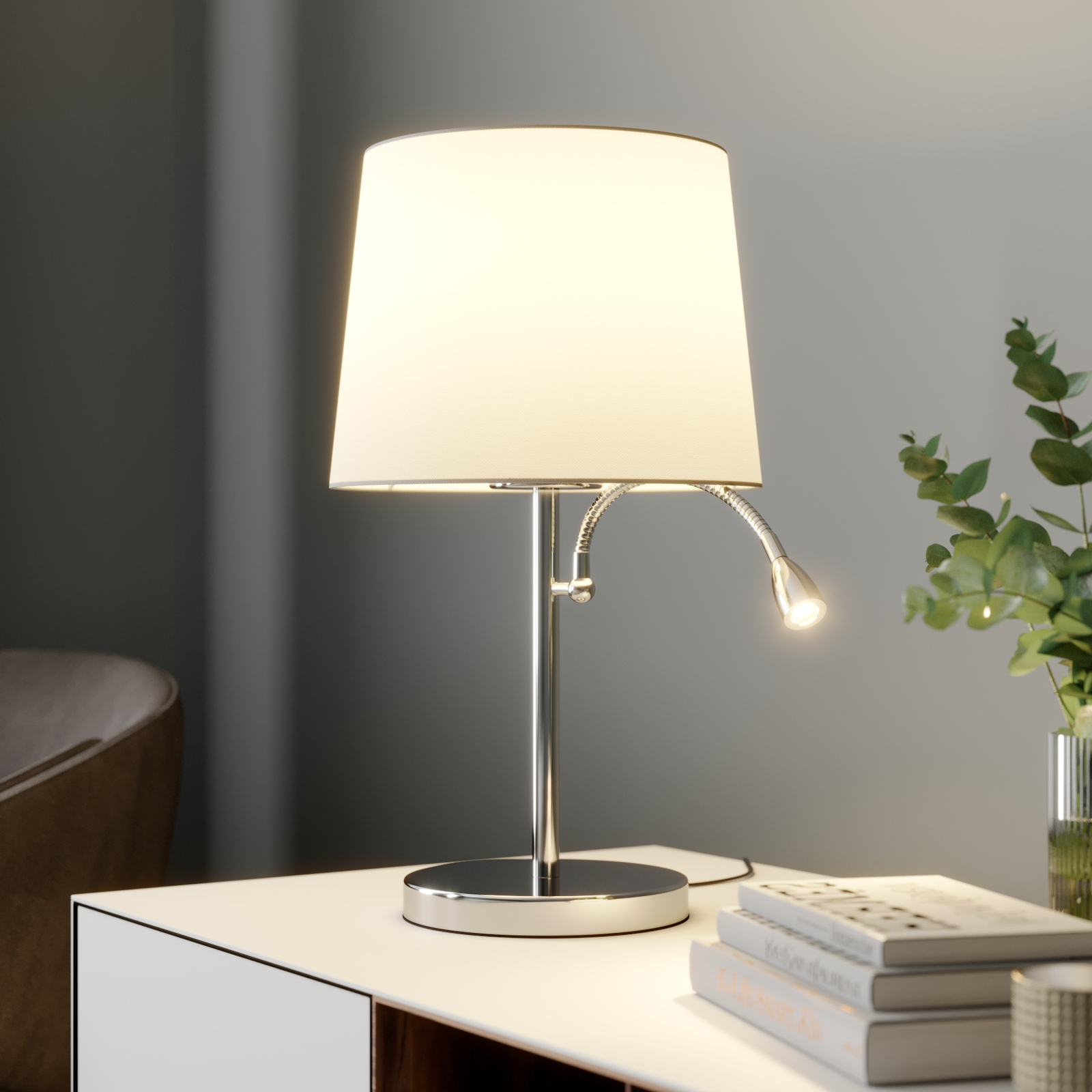 Tkaninowa lampa stołowa Benjiro z lampką LED