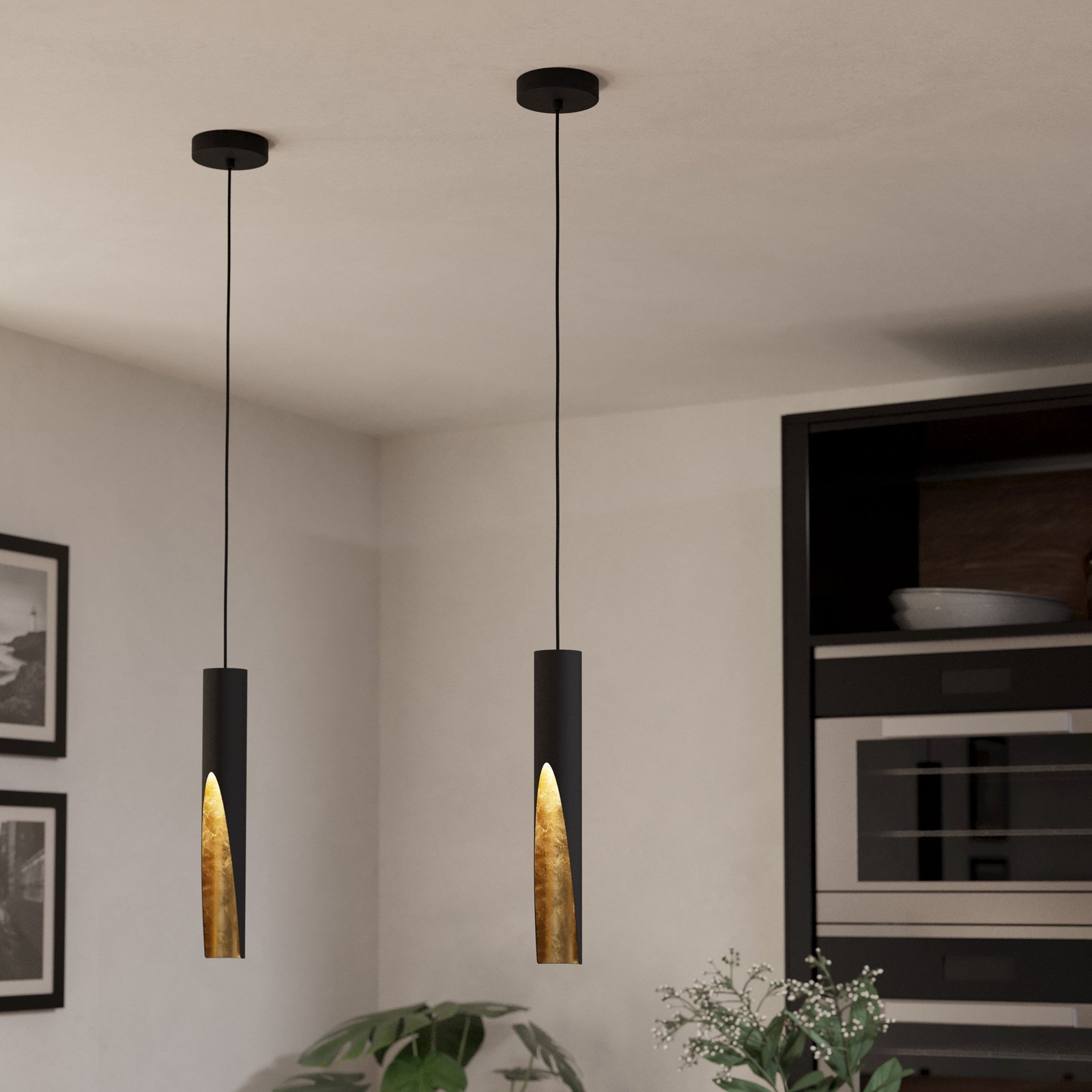 LED-hengelampe Barbotto i svart/gull, 1 lyskilde