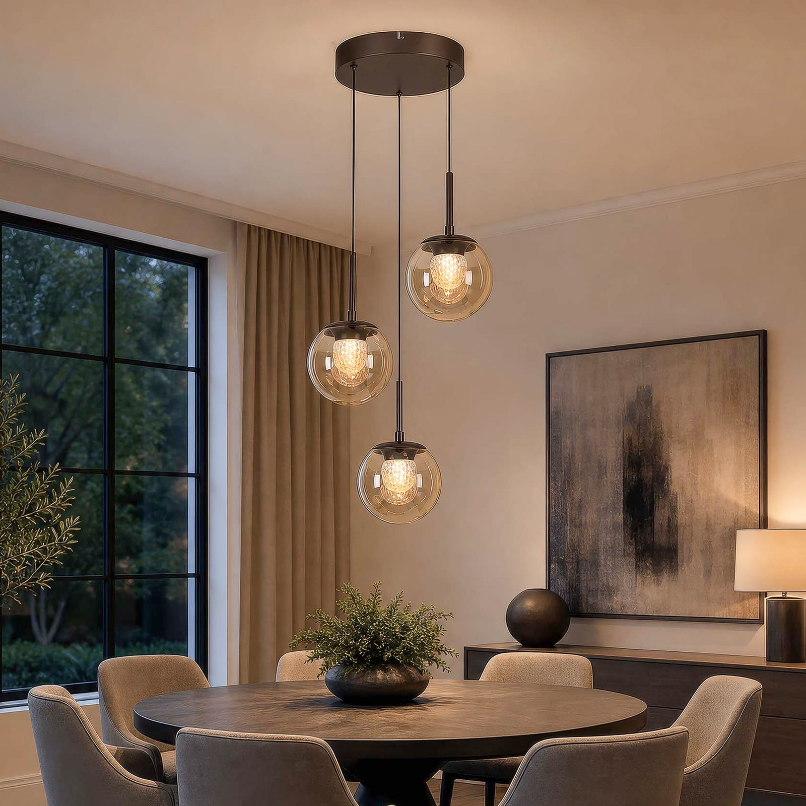 LED-Hängelampe Solis, 3-flammig rund, bronze, Glas, 2.700 K
