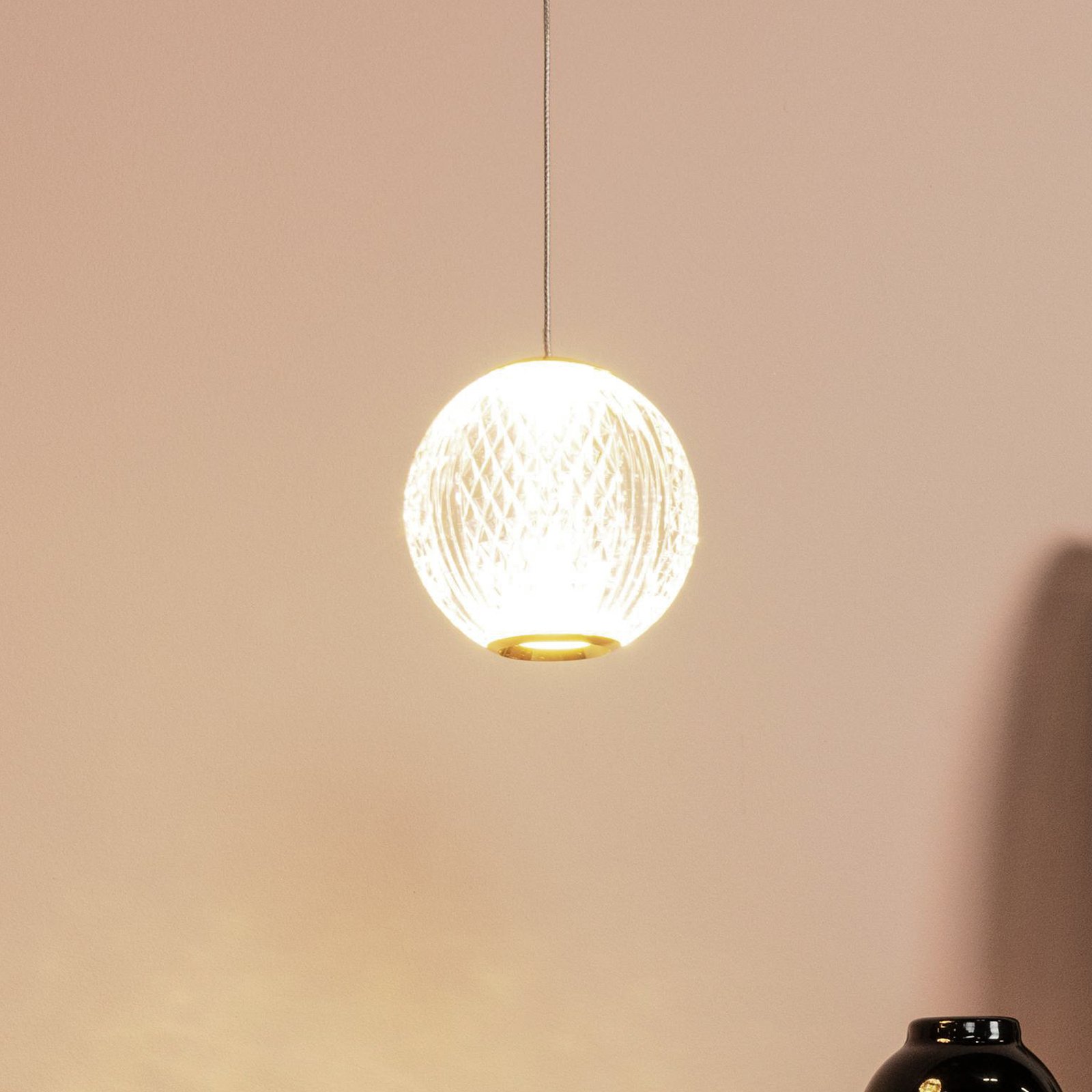 LED pendant light Cintra, Ø 14 cm, transparent/gold, acrylic