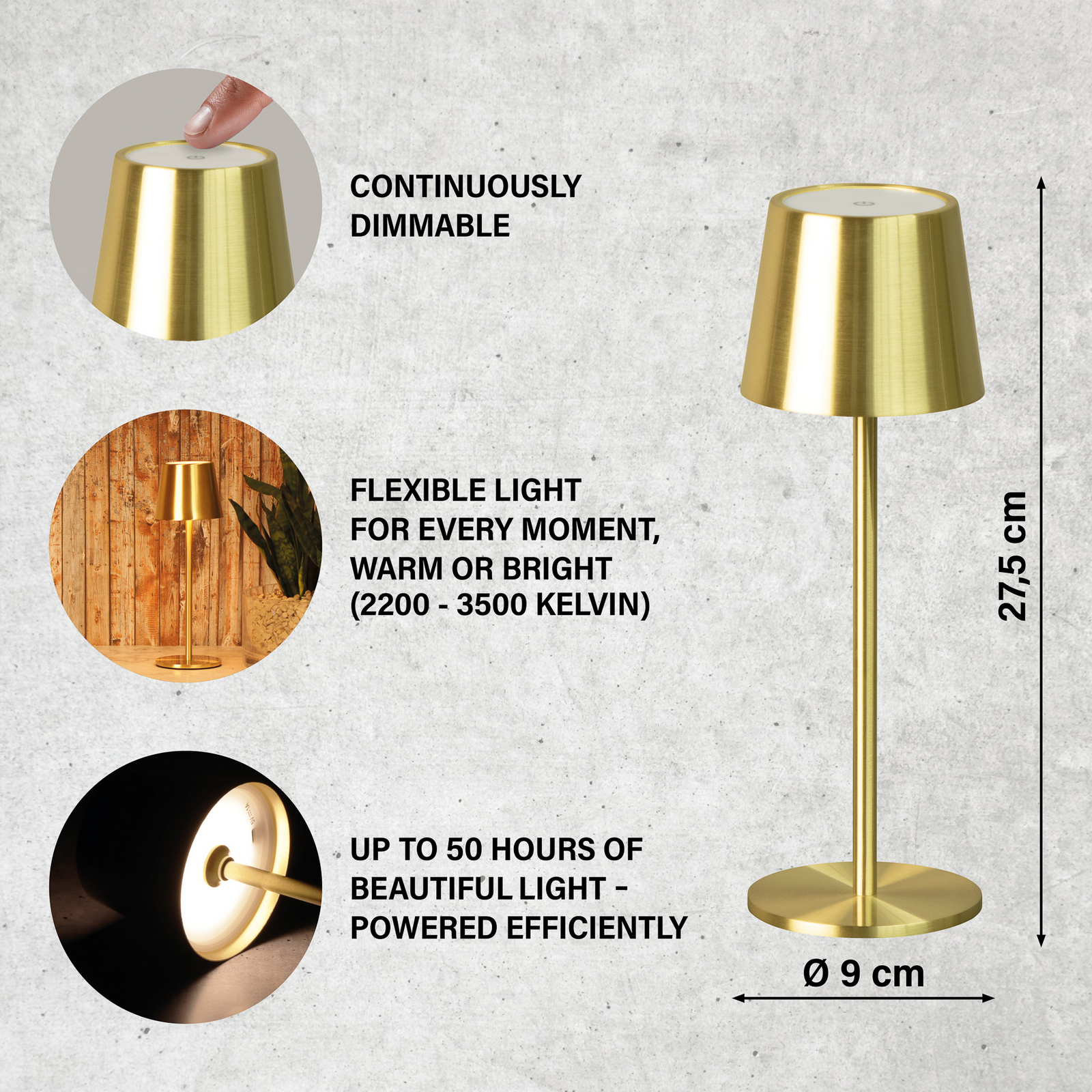 LED-Akku-Tischlampe Roxi, messingfarben, Metall, IP54 Dimmer