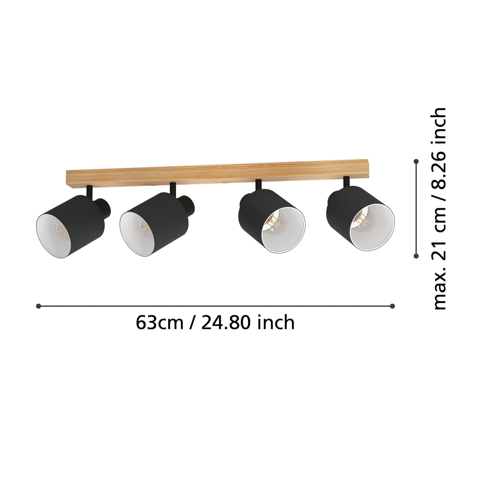 Batallas downlight, length 63 cm, black/wood, 4-bulb.