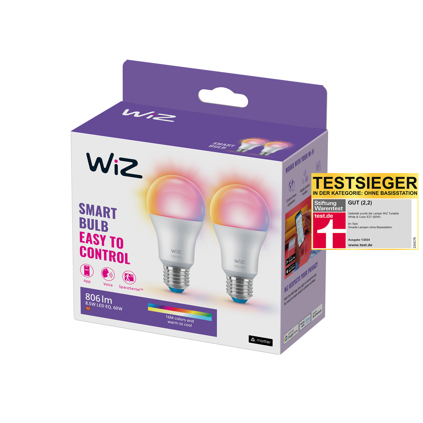 WiZ A60 LED-lampe matt WiFi E27 8,5W RGBW sett med 2 stk