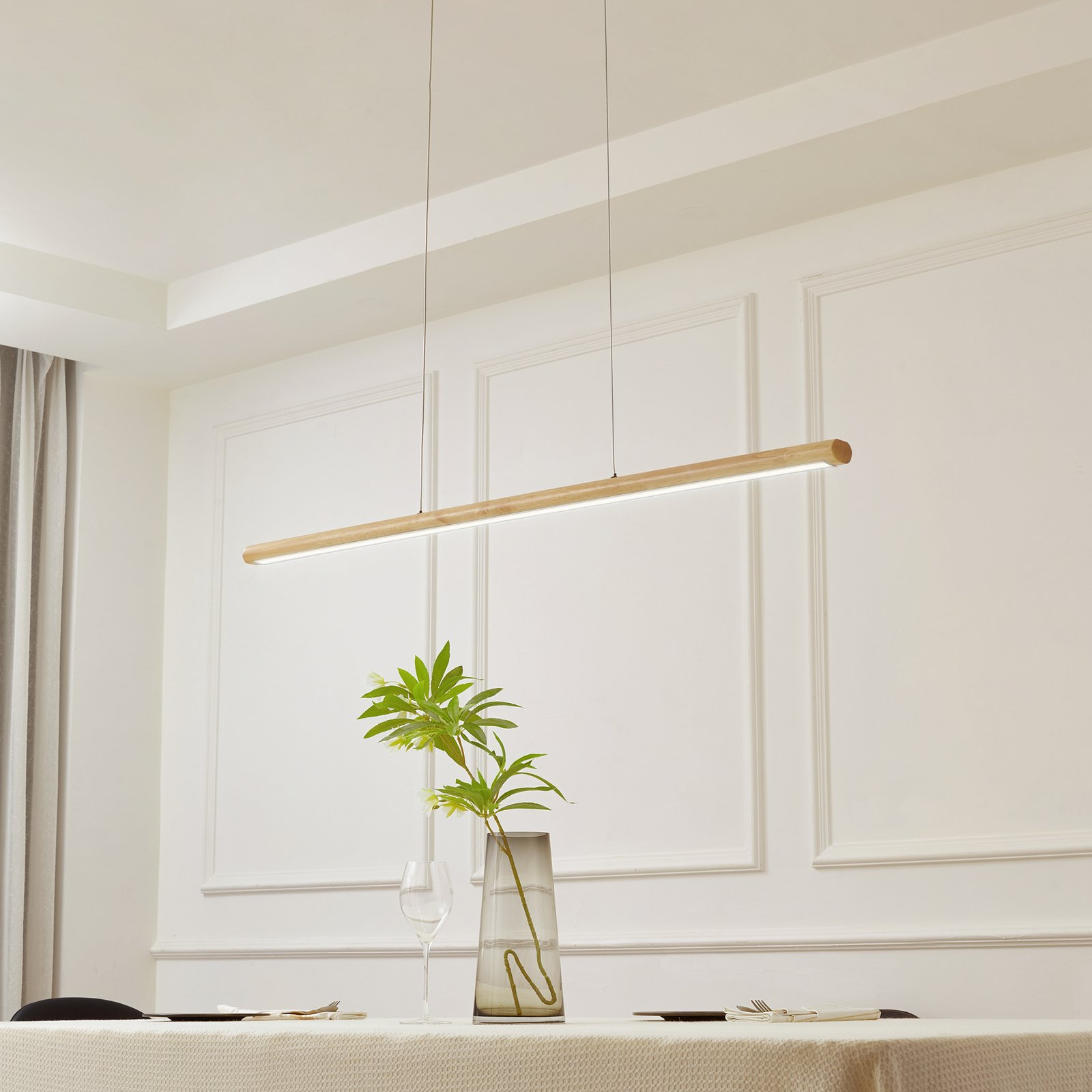 Lucande LED pendant light Maruta, wood, beam, 120 cm, 3000K