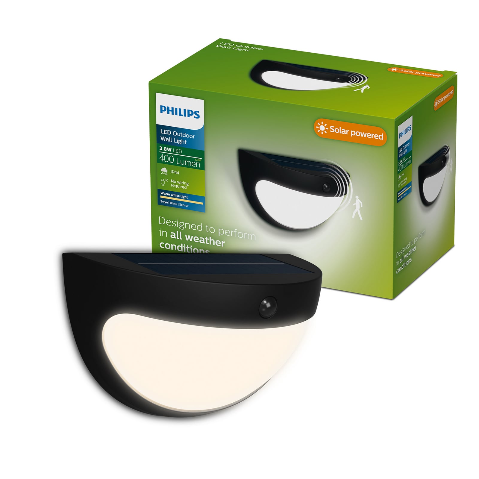 Philips LED-solarna stenska svetilka Swyn, črna, s senzorjem, IP44 Philips LED-solarna stenska svetilka Swyn, črna, s senzorjem, IP44