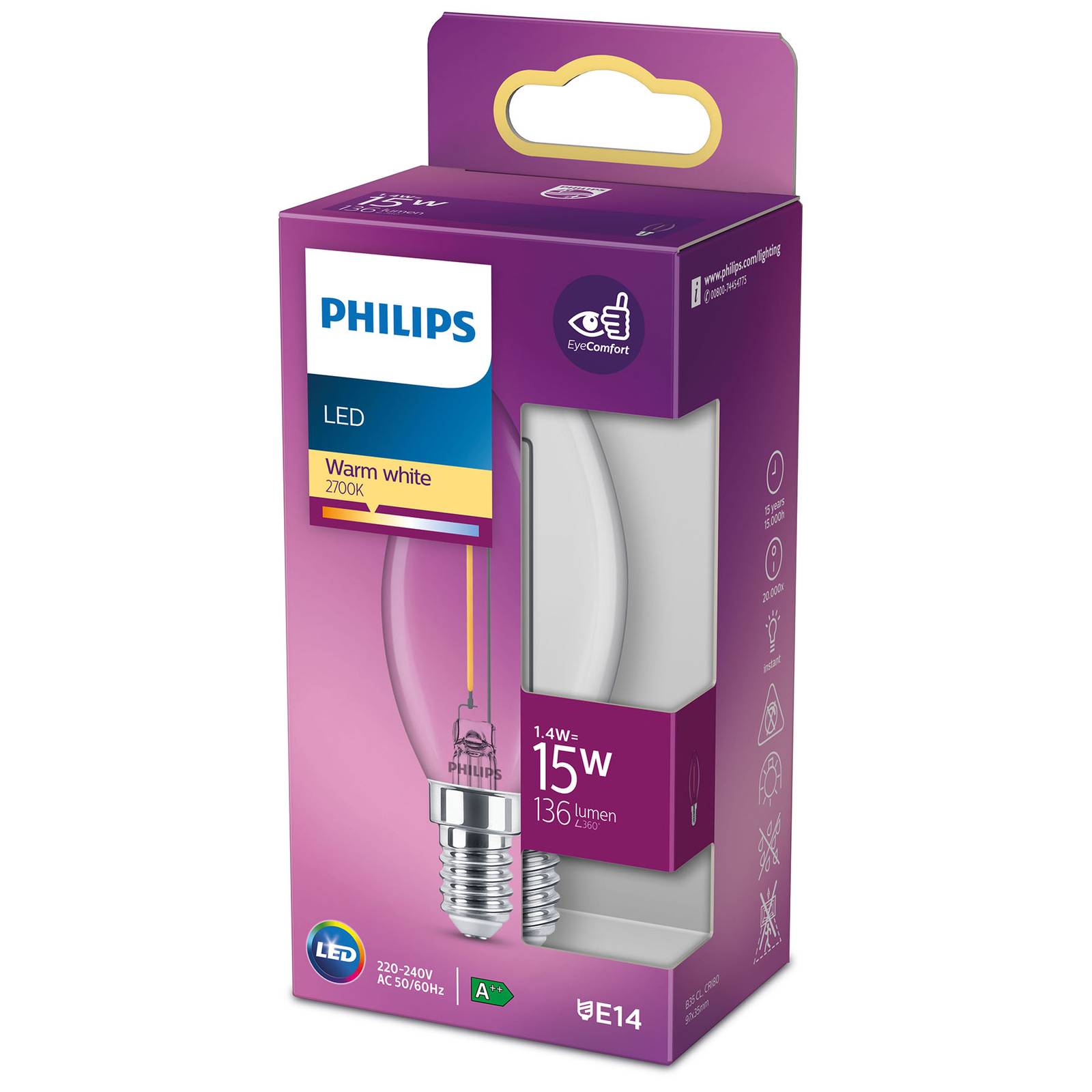 Philips Classic candle LED bulb E14 B35 1.4W clear
