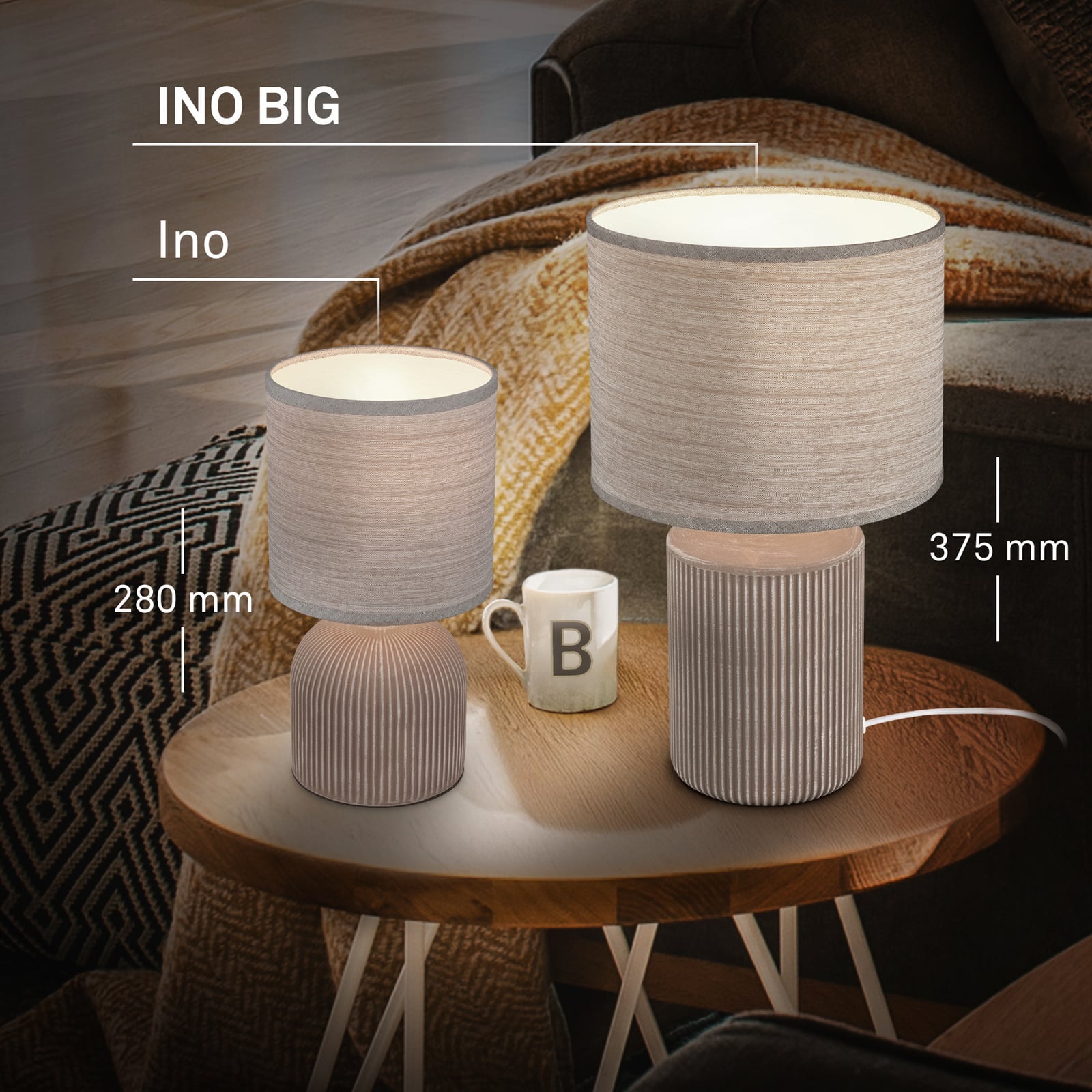 Bordslampa Ino, brun, höjd 28 cm, E14, keramik, textil