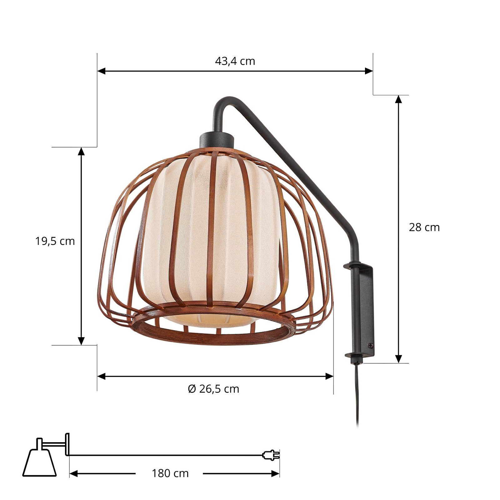 Lindby Applique murale Davella, Ø 26 cm, noir, bambou, textile
