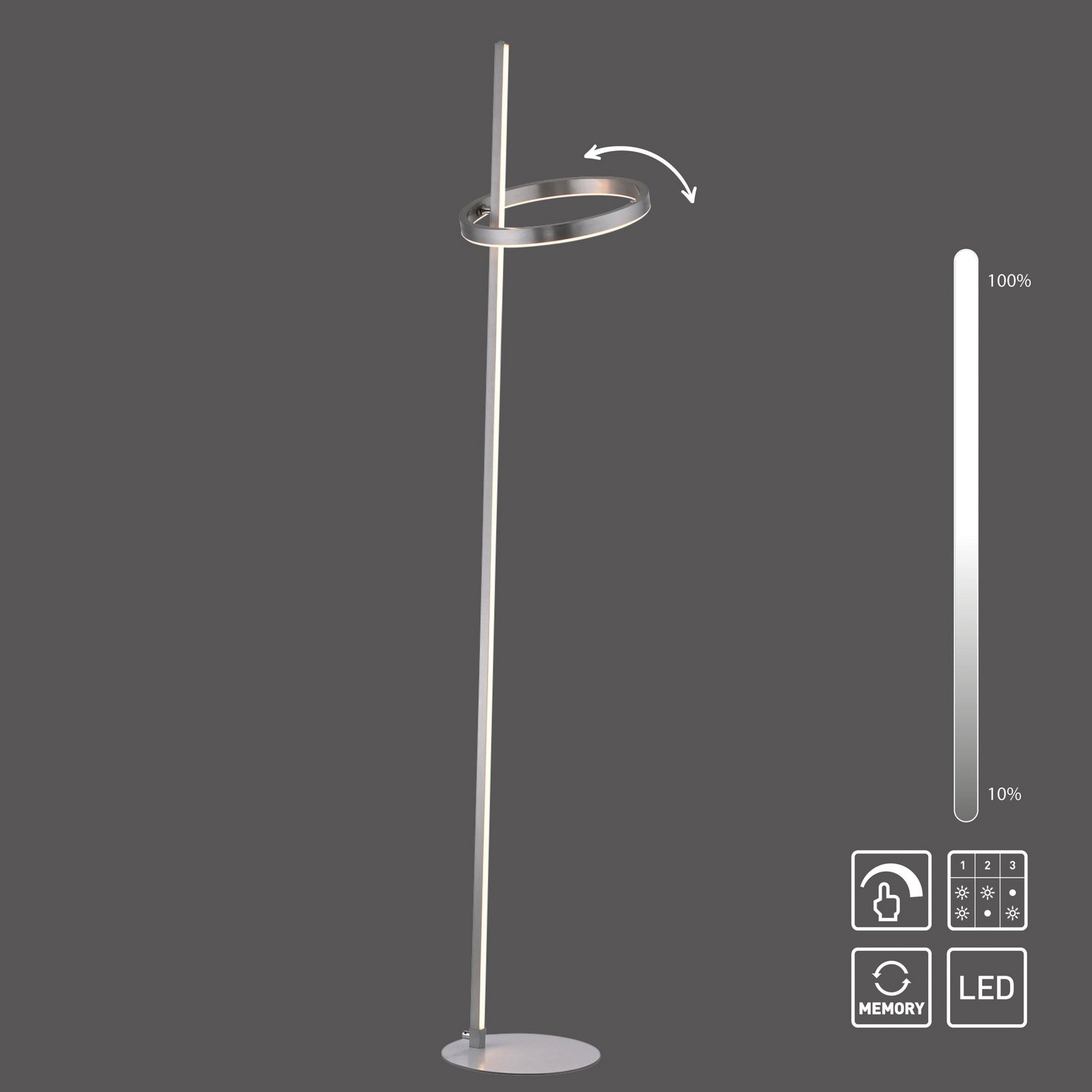 JUST LIGHT. LED vloerlamp Ritus zilver ijzer dimmer 3.000 K