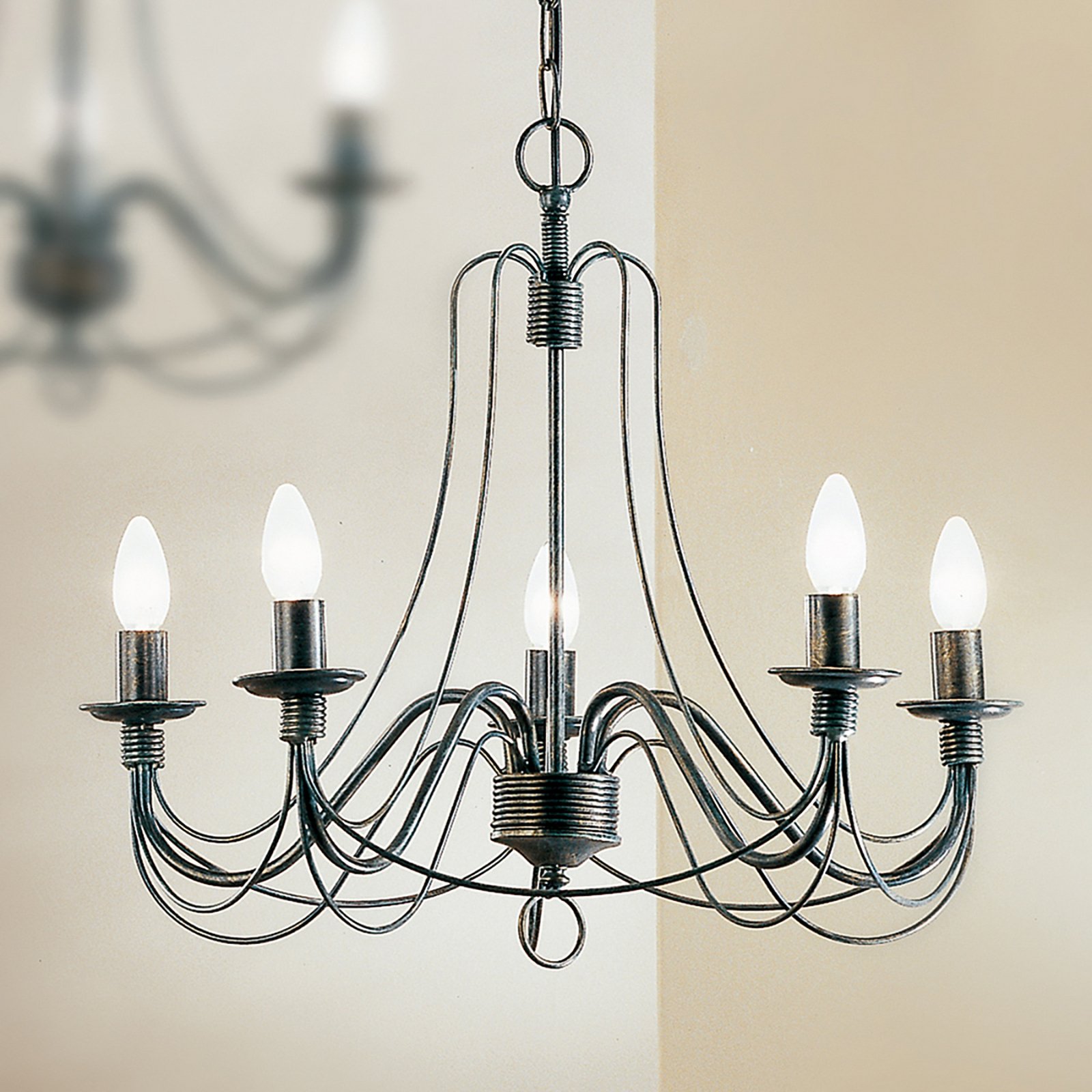 Lustre Vela, cinco luzes, preto-verde antigo