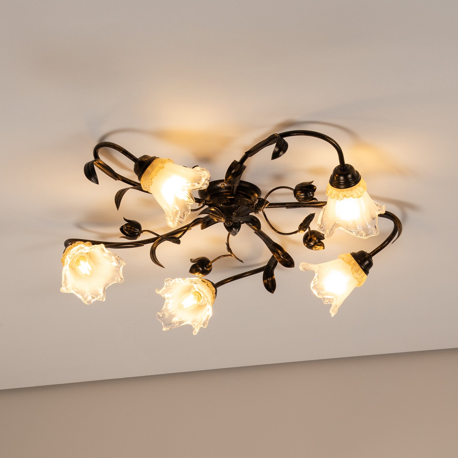 Arianna ceiling light, bronze-coloured, 5-bulb, iron, glass