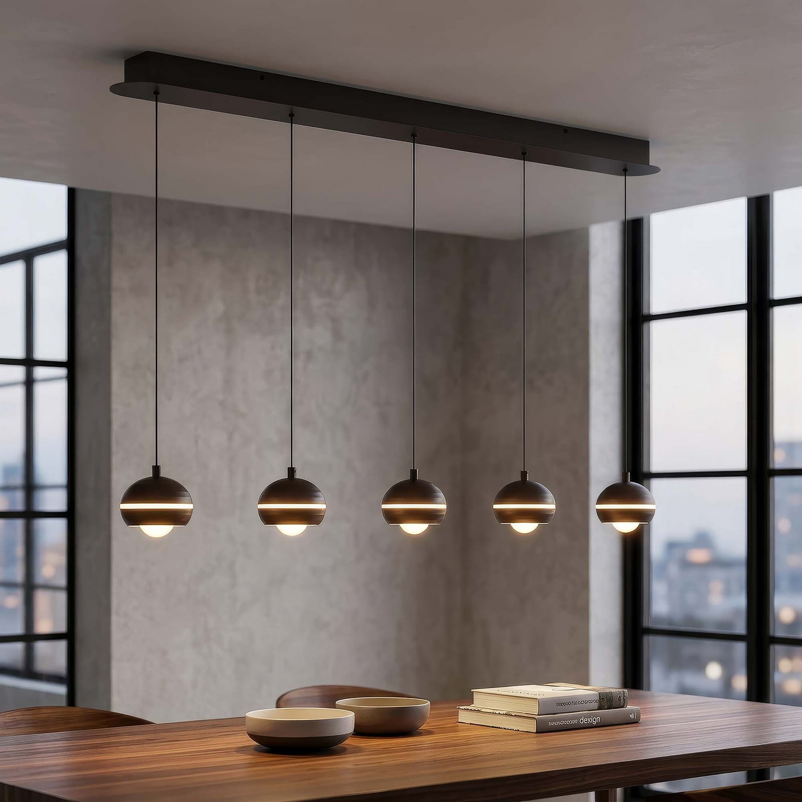 LED-Hängelampe Meteor 5-fl. lang CCT, nickel schwarz, Metall